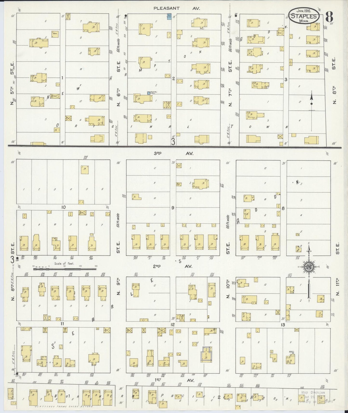 Sanborn Fire Insurance Map from Staples, Todd County, Minnesota (1916), Sheet #0008 - Historic Sanborn Fire Insurance Map Print, vintage old map wall art, antique decor, genealogy gift, Minnesota Minnesota map