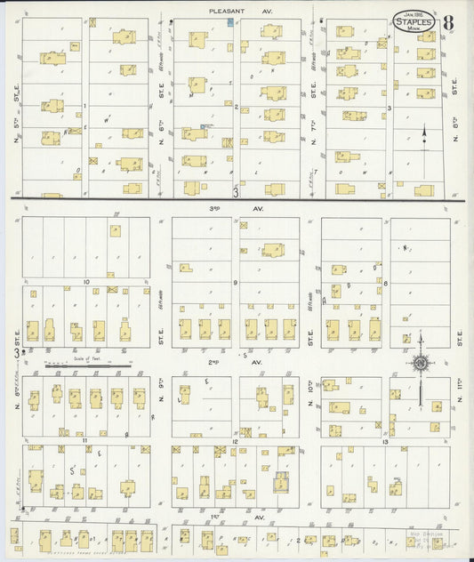 Sanborn Fire Insurance Map from Staples, Todd County, Minnesota (1916), Sheet #0008 - Historic Sanborn Fire Insurance Map Print, vintage old map wall art, antique decor, genealogy gift, Minnesota Minnesota map