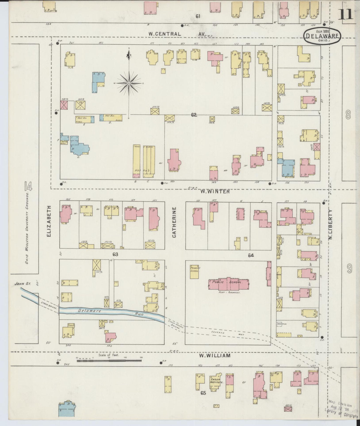 Sanborn Fire Insurance Map from Delaware, Delaware County, Ohio (1895), Sheet #0011 - Historic Sanborn Fire Insurance Map Print, vintage old map wall art, antique decor, genealogy gift, Sanborn Fire Insurance Map from Delaware Delaware map