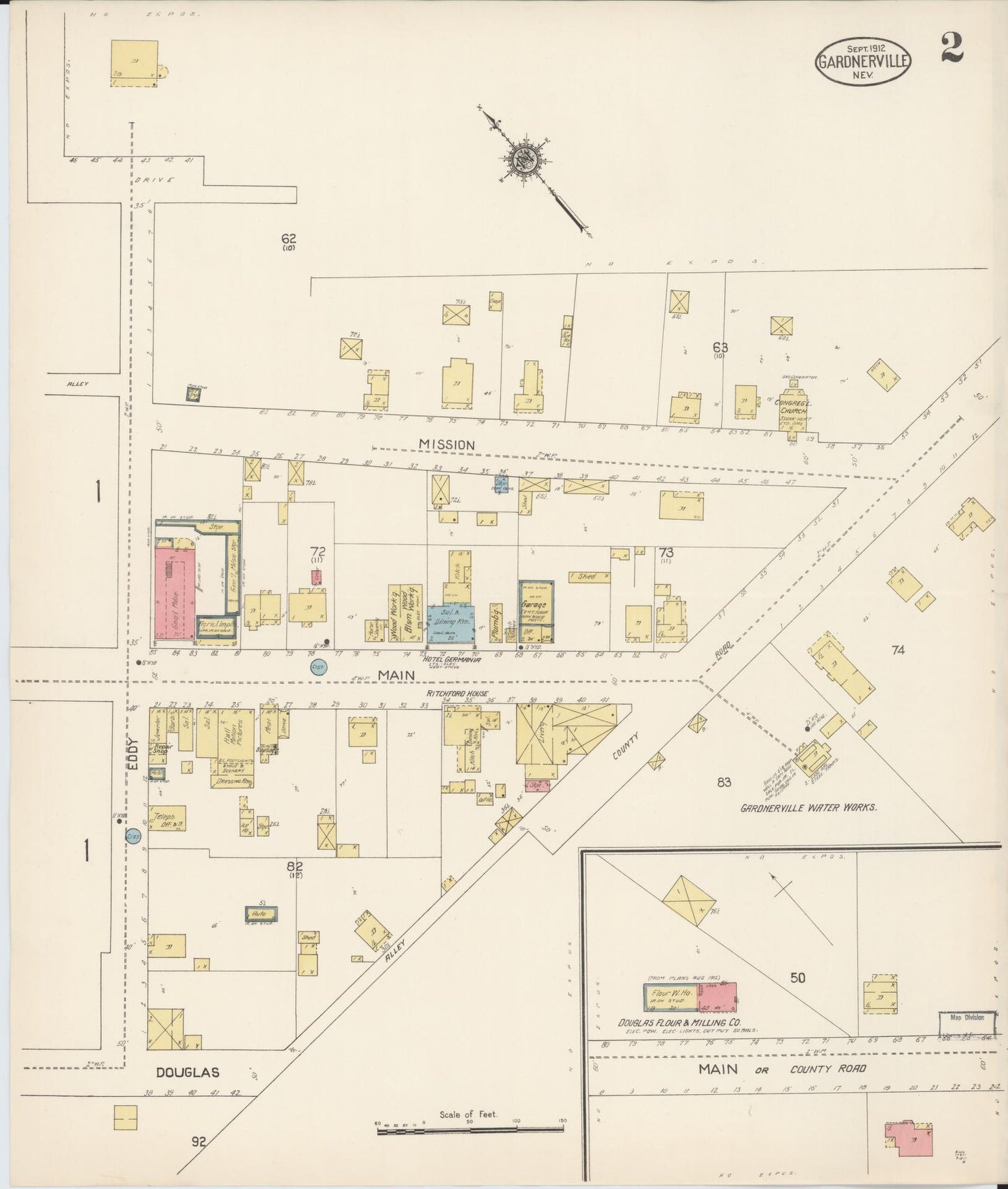Sanborn Fire Insurance Map from Gardnerville, Douglas County, Nevada (1912), Sheet #0002 - Historic Sanborn Fire Insurance Map Print, vintage old map wall art, antique decor, genealogy gift, Nevada Nevada map