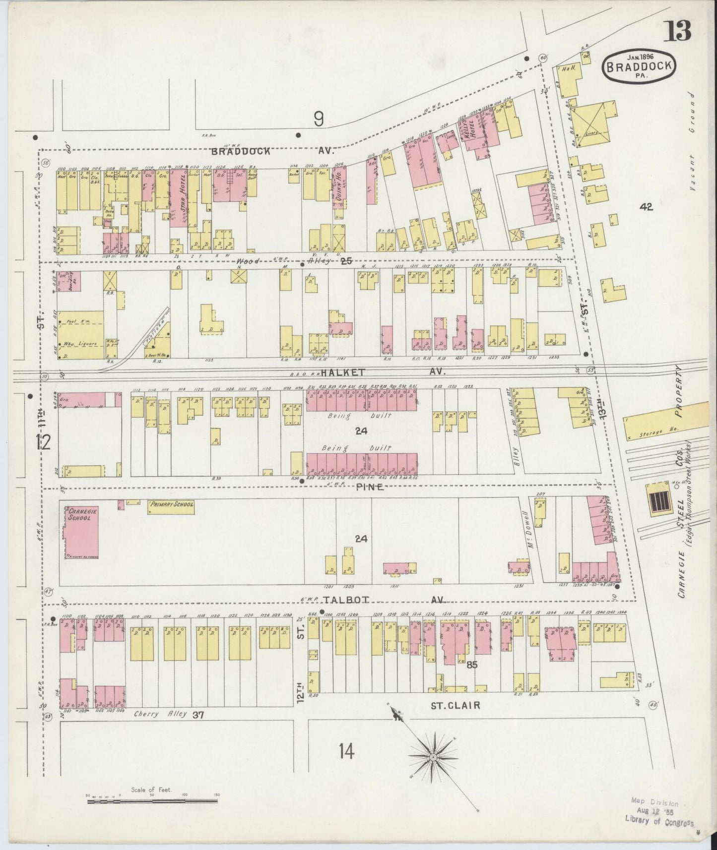 Sanborn Fire Insurance Map from Braddock, Allegheny County, Pennsylvania (1896), Sheet #0013 - Historic Sanborn Fire Insurance Map Print, vintage old map wall art, antique decor, genealogy gift, Pennsylvania Pennsylvania map