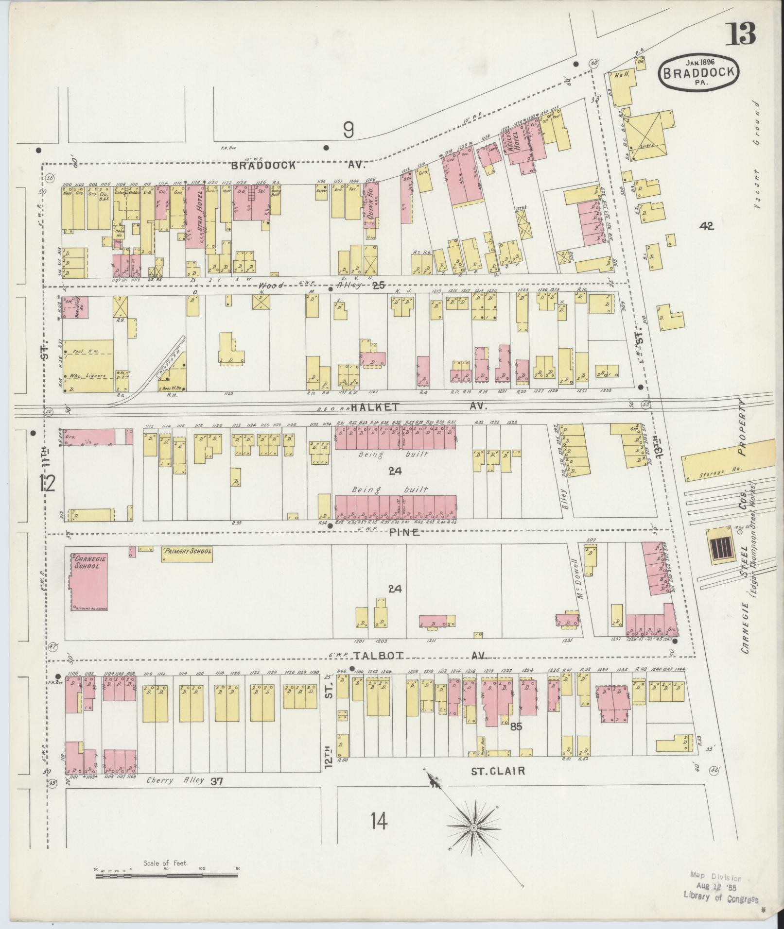 Sanborn Fire Insurance Map from Braddock, Allegheny County, Pennsylvania (1896), Sheet #0013 - Historic Sanborn Fire Insurance Map Print, vintage old map wall art, antique decor, genealogy gift, Pennsylvania Pennsylvania map