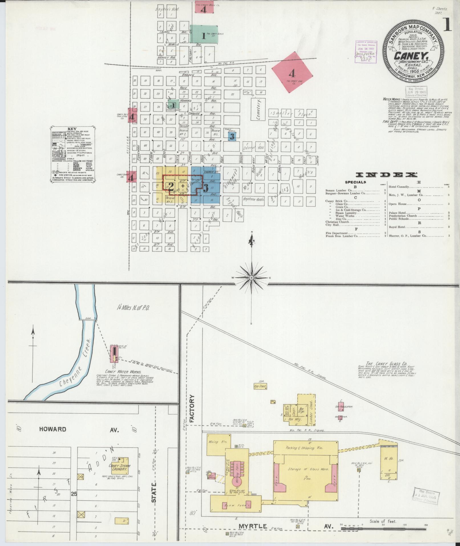 Sanborn Fire Insurance Map from Caney, Montgomery County, Kansas (1905), Sheet #0001 - Historic Sanborn Fire Insurance Map Print, vintage old map wall art, antique decor, genealogy gift, Kansas Kansas map