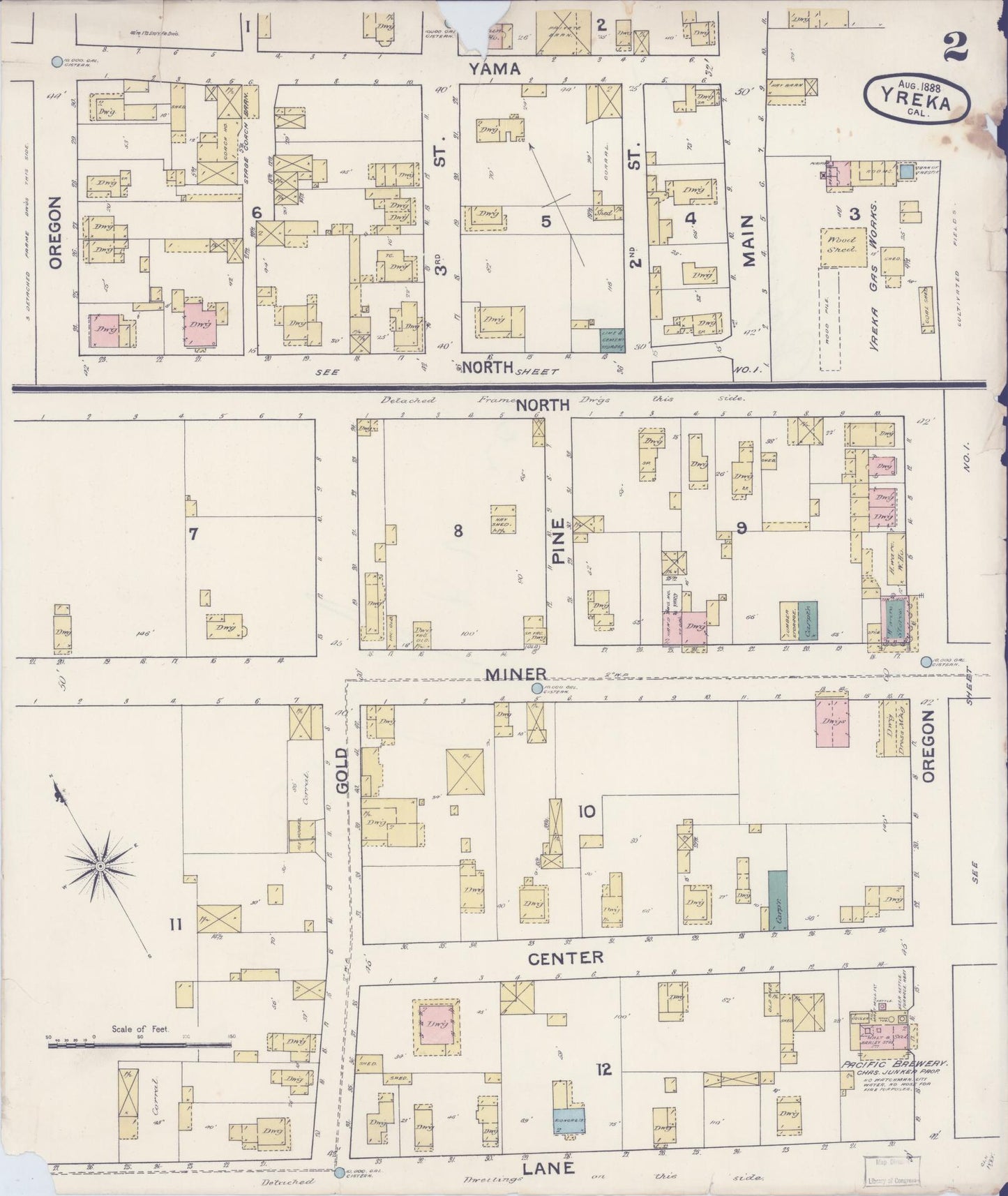 Sanborn Fire Insurance Map from Yreka, Siskiyou County, California (1888), Sheet #0002 - Complete Map Set gallery image, historic Sanborn map, vintage wall art, California California