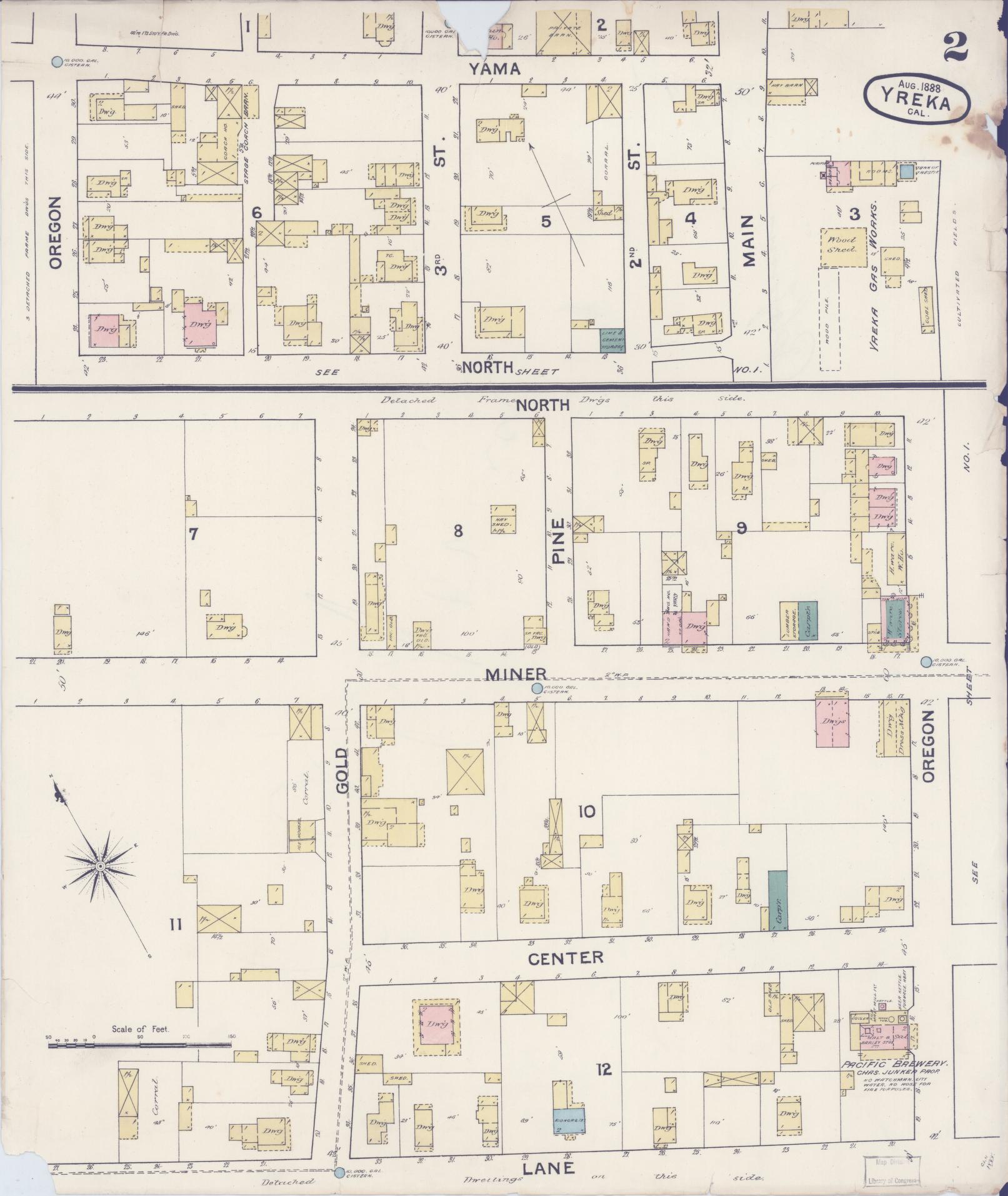 Sanborn Fire Insurance Map from Yreka, Siskiyou County, California (1888), Sheet #0002 - Complete Map Set gallery image, historic Sanborn map, vintage wall art, California California