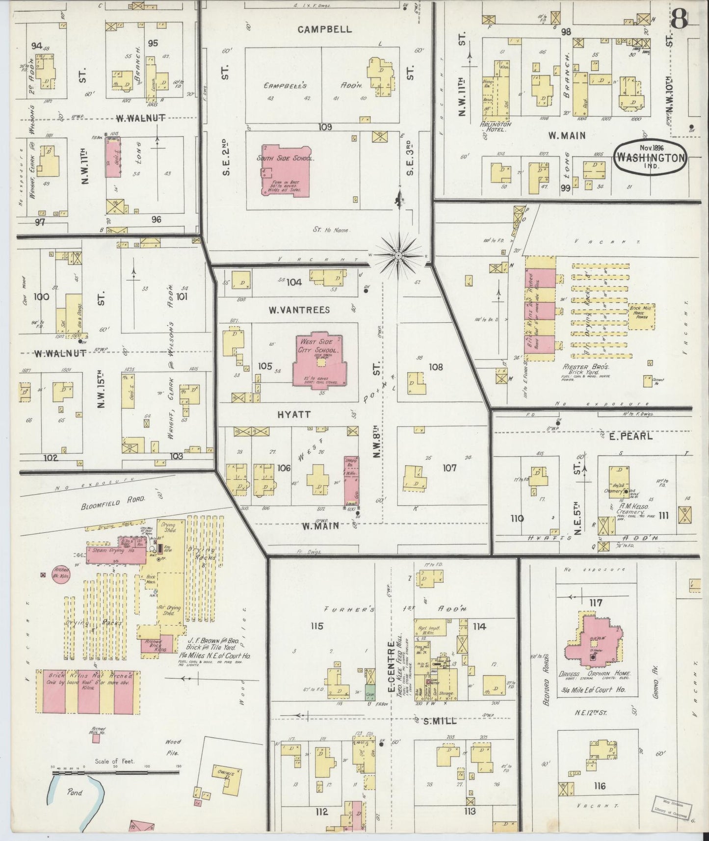 Sanborn Fire Insurance Map from Washington, Daviess County, Indiana (1896), Sheet #0008 - Historic Sanborn Fire Insurance Map Print, vintage old map wall art, antique decor, genealogy gift, Indiana Indiana map