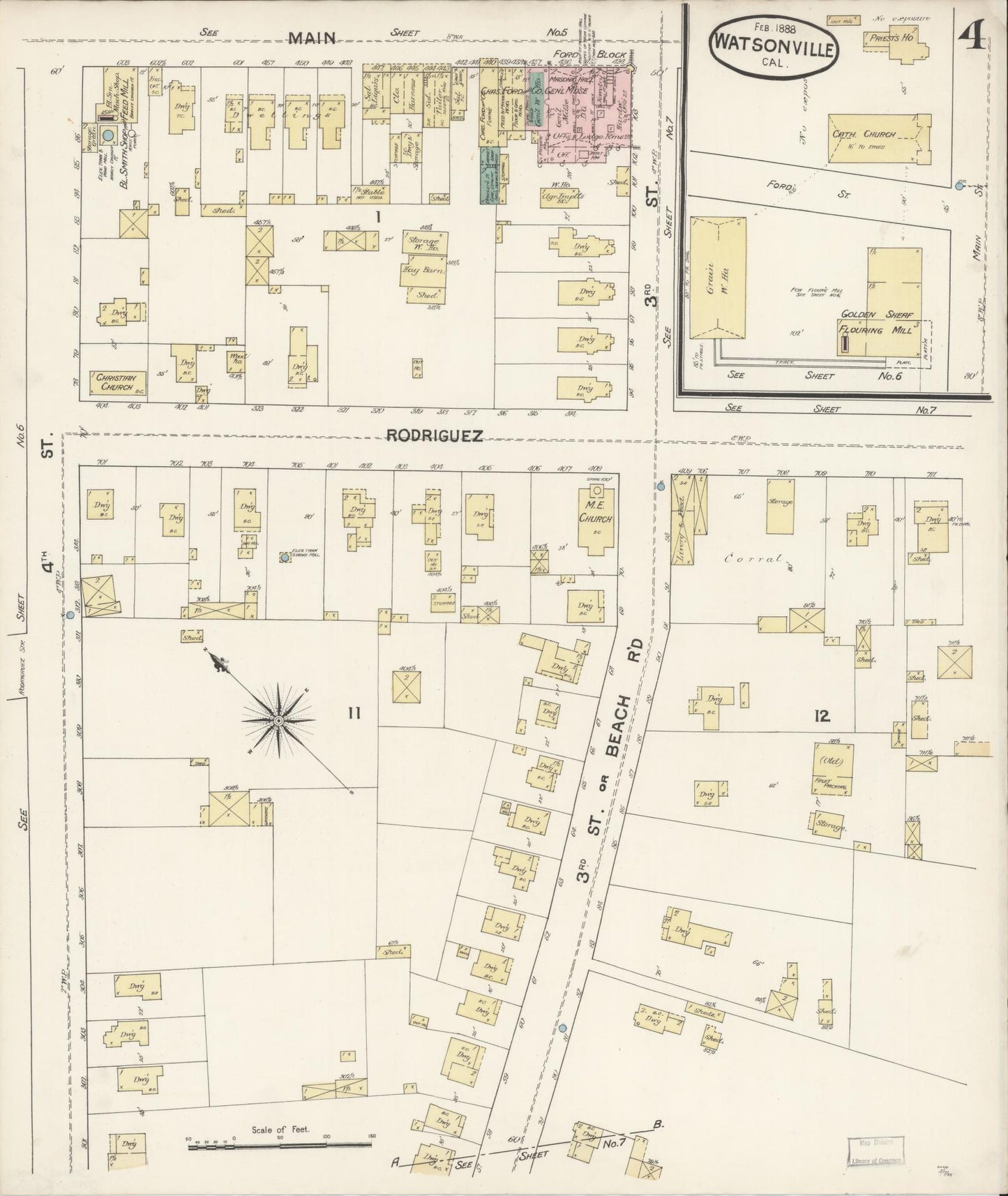 Sanborn Fire Insurance Map from Watsonville, Santa Cruz County, California (1888), Sheet #0004 - Complete Map Set gallery image, historic Sanborn map, vintage wall art, California California