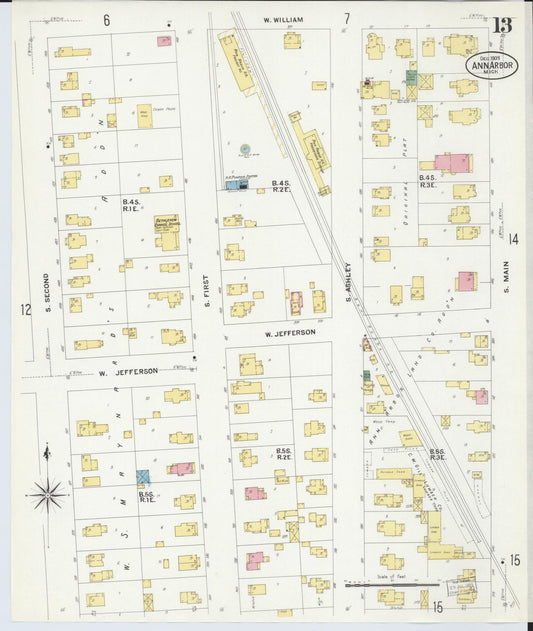 Sanborn Fire Insurance Map from Ann Arbor, Washtenaw County, Michigan (1908), Sheet #0013 - Historic Sanborn Fire Insurance Map Print, vintage old map wall art, antique decor, genealogy gift, Michigan Michigan map