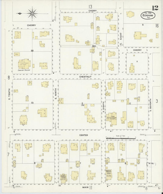 Sanborn Fire Insurance Map from Bonham, Fannin County, Texas (1909), Sheet #0012 - Historic Sanborn Fire Insurance Map Print, vintage old map wall art, antique decor, genealogy gift, Texas Texas map