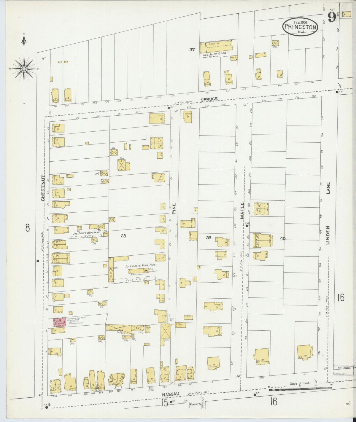 Sanborn Fire Insurance Map from Princeton, Mercer County, New Jersey (1906), Sheet #0009 - Historic Sanborn Fire Insurance Map Print, vintage old map wall art, antique decor, genealogy gift, New Jersey New Jersey map