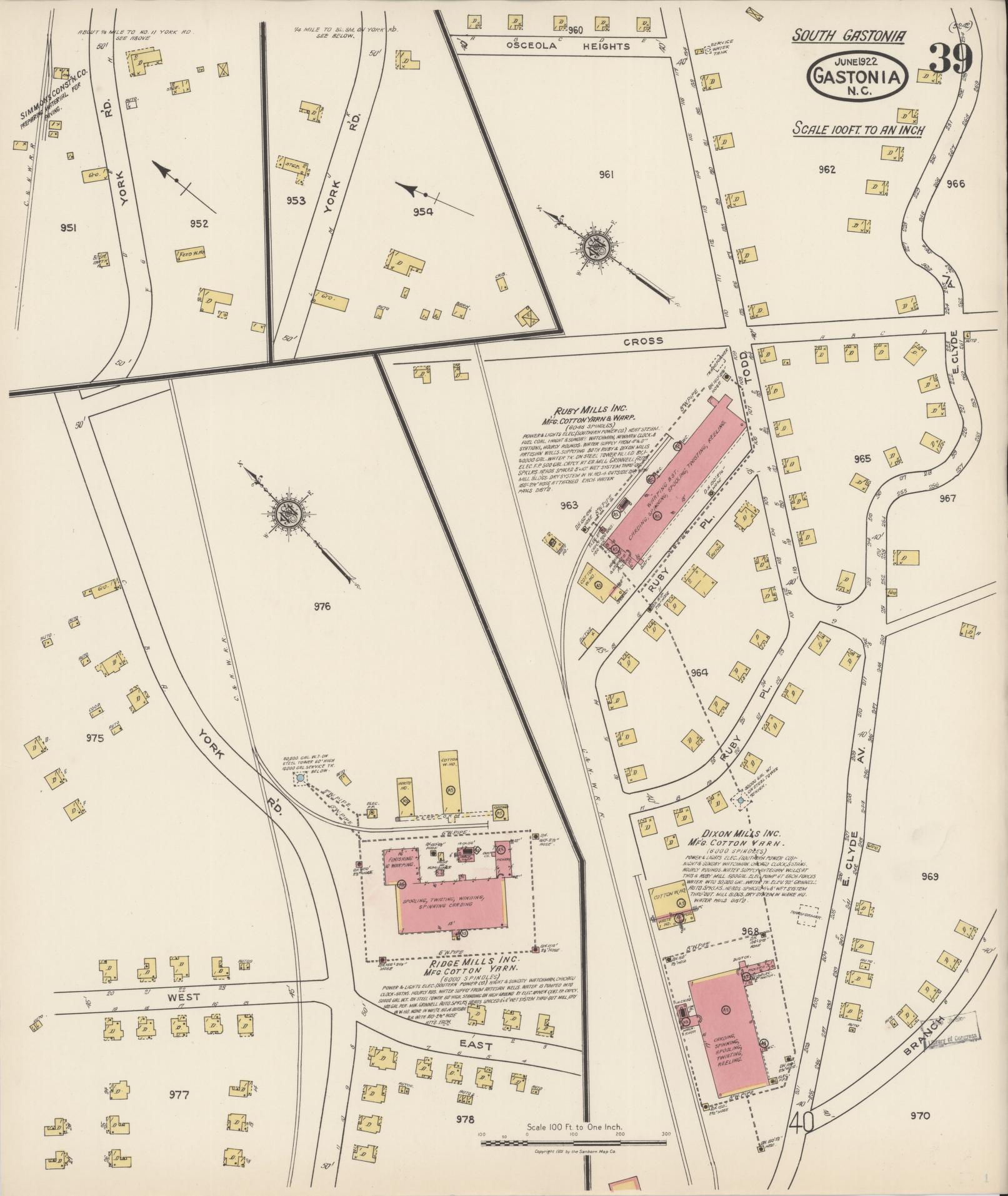 Sanborn Fire Insurance Map from Gastonia, Gaston County, North Carolina (1922), Sheet #0039 - Complete Map Set gallery image, historic Sanborn map, vintage wall art, North Carolina North Carolina