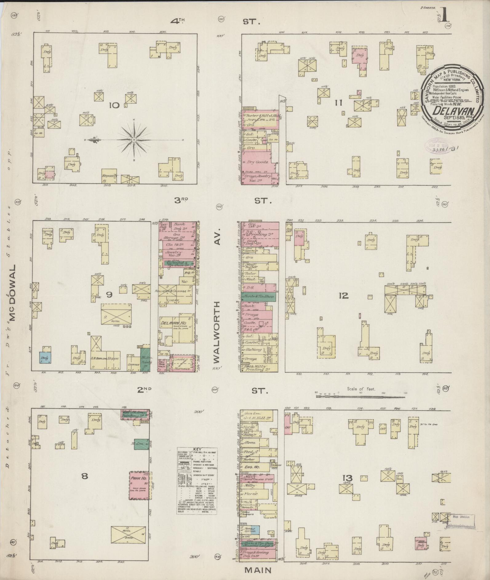 Sanborn Fire Insurance Map from Delavan, Walworth County, Wisconsin (1885), Sheet #0001 - Historic Sanborn Fire Insurance Map Print, vintage old map wall art, antique decor, genealogy gift, Wisconsin Wisconsin map