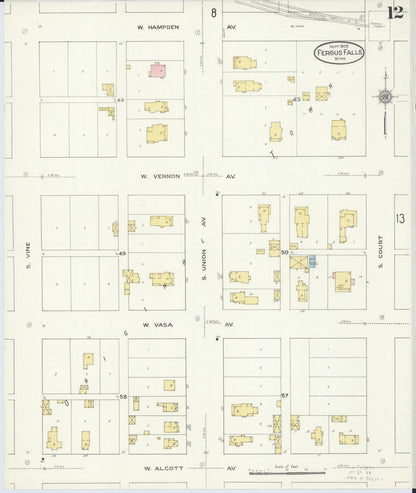 Sanborn Fire Insurance Map from Fergus Falls, Otter Tail County, Minnesota (1909), Sheet #0012 - Complete Map Set gallery image, historic Sanborn map, vintage wall art, Minnesota Minnesota
