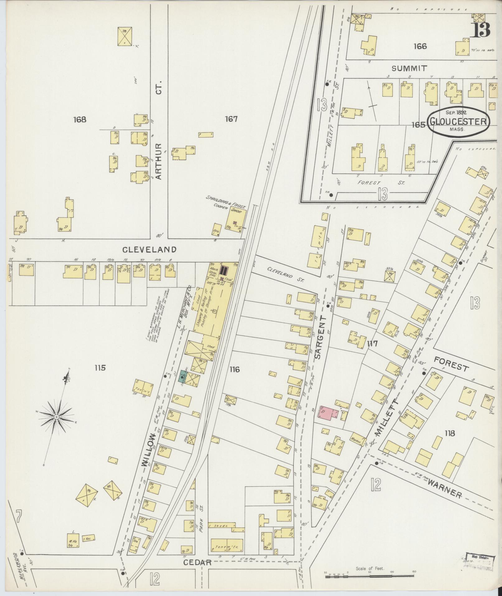 Sanborn Fire Insurance Map from Gloucester, Essex County, Massachusetts (1892), Sheet #0013 - Historic Sanborn Fire Insurance Map Print, vintage old map wall art, antique decor, genealogy gift, Massachusetts Massachusetts map