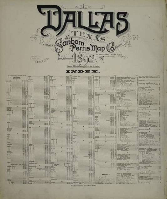 Sanborn Fire Insurance Map from Dallas, Dallas County, Texas (1892), Sheet #0001 - Historic Sanborn Fire Insurance Map Print, vintage old map wall art, antique decor, genealogy gift, Texas Texas map