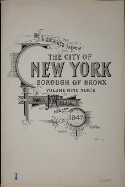 Sanborn Fire Insurance Map from New York, Bronx, Manhattan, New York (1947), Sheet #0001 - Historic Sanborn Fire Insurance Map Print, vintage old map wall art, antique decor, genealogy gift, New York New York map