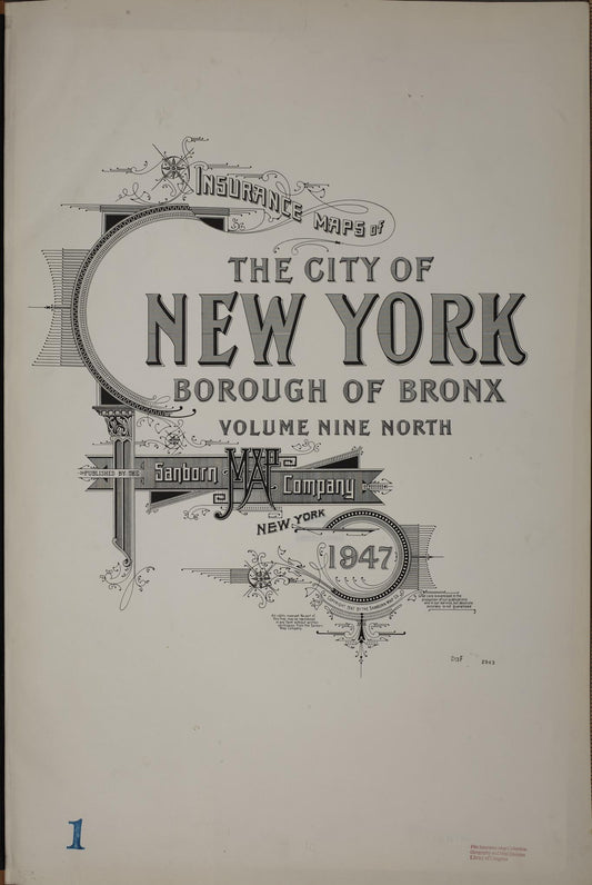 Sanborn Fire Insurance Map from New York, Bronx, Manhattan, New York (1947), Sheet #0001 - Historic Sanborn Fire Insurance Map Print, vintage old map wall art, antique decor, genealogy gift, New York New York map