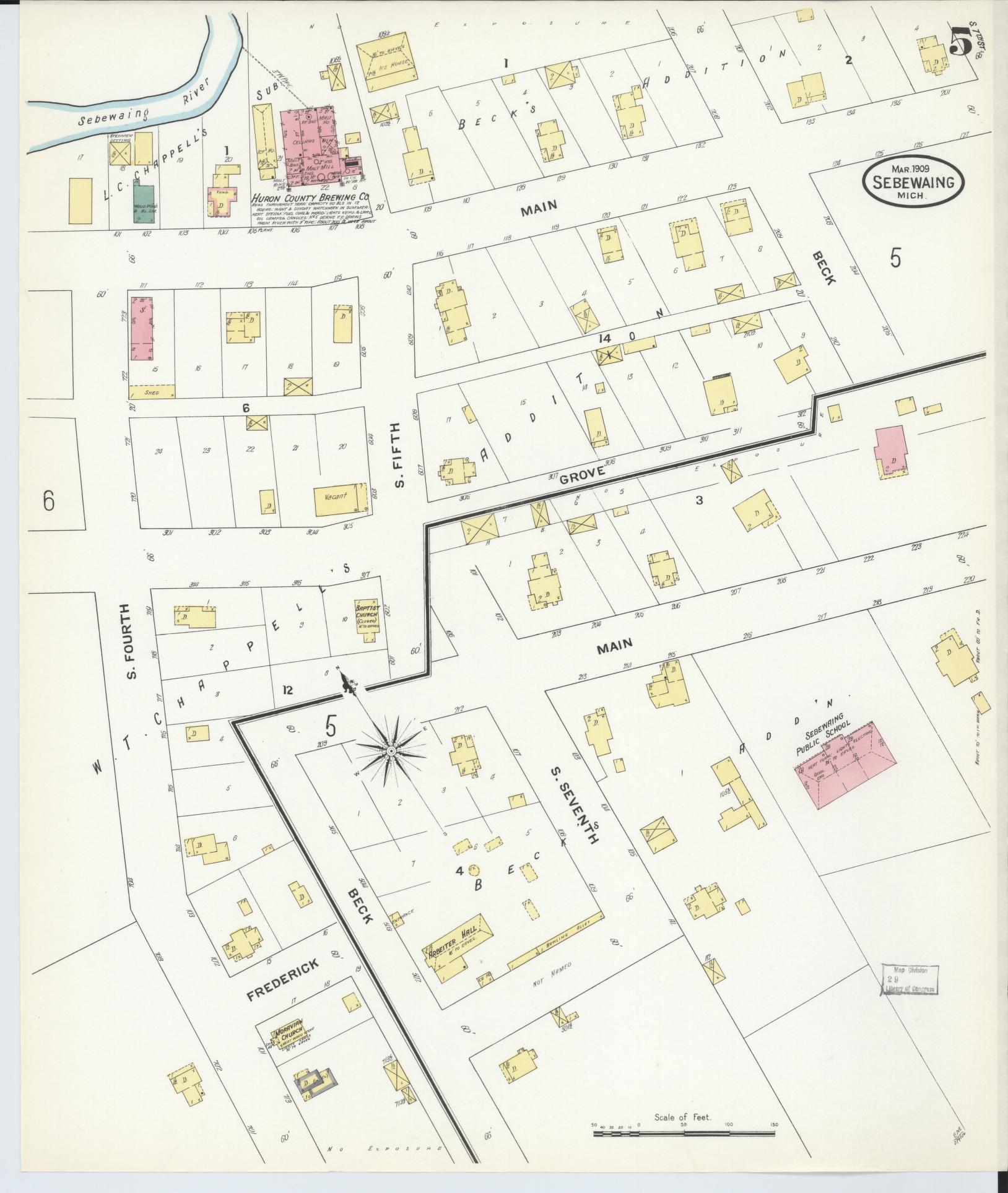 Sanborn Fire Insurance Map from Sebewaing, Huron County, Michigan (1909), Sheet #0005 - Historic Sanborn Fire Insurance Map Print, vintage old map wall art, antique decor, genealogy gift, Michigan Michigan map