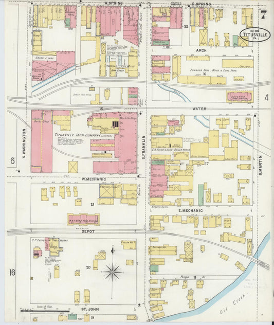 Sanborn Fire Insurance Map from Titusville, Crawford County, Pennsylvania (1898), Sheet #0007 - Historic Sanborn Fire Insurance Map Print, vintage old map wall art, antique decor, genealogy gift, Pennsylvania Pennsylvania map
