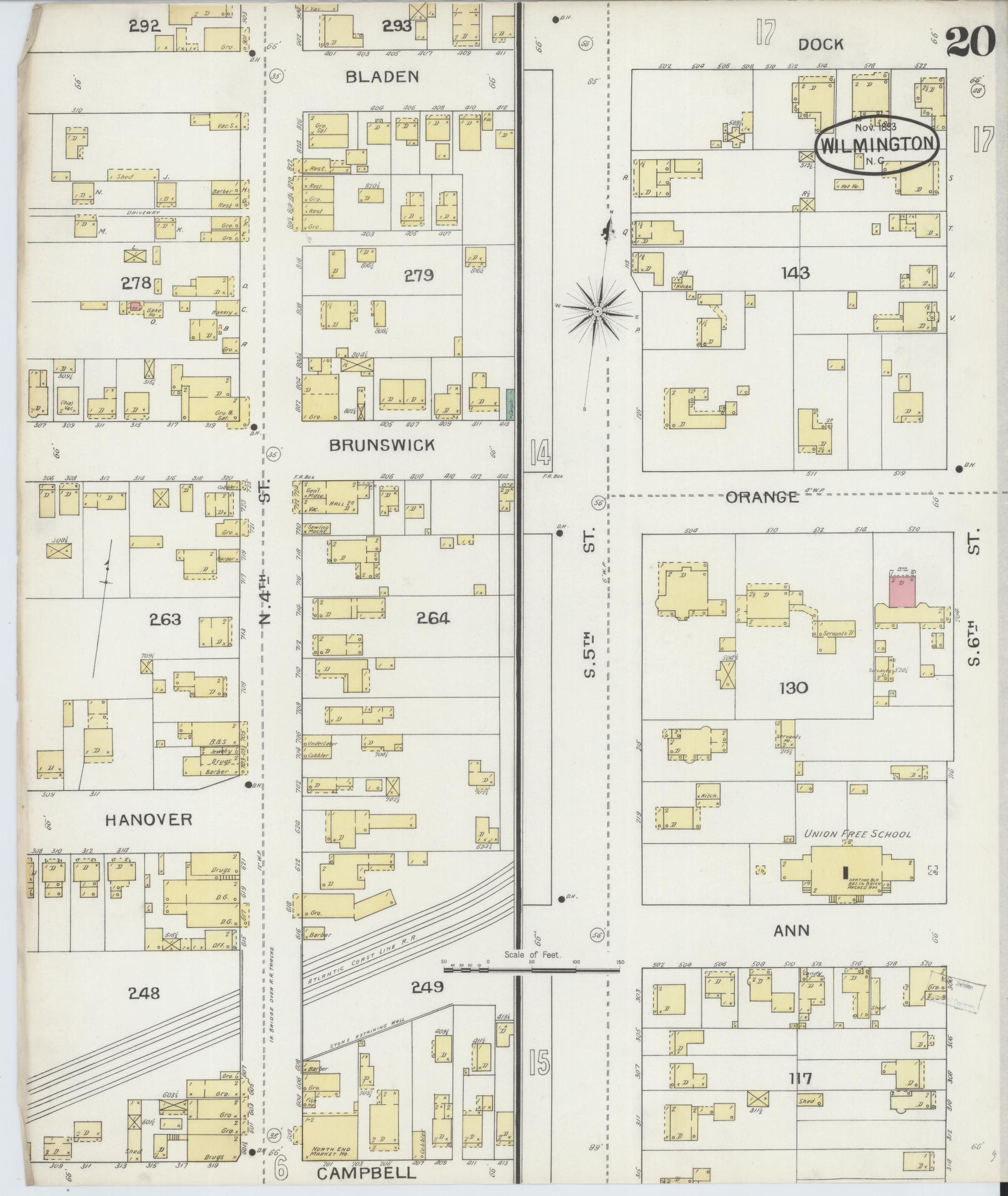 Sanborn Fire Insurance Map from Wilmington, New Hanover County, North Carolina (1893), Sheet #0020 - Historic Sanborn Fire Insurance Map Print, vintage old map wall art, antique decor, genealogy gift, North Carolina North Carolina map