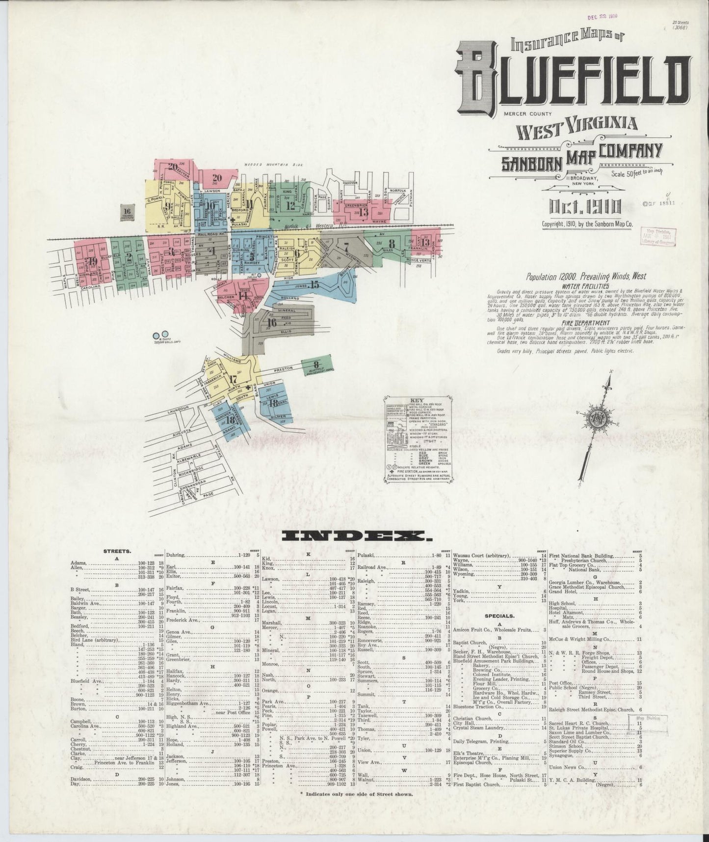 Sanborn Fire Insurance Map from Bluefield, Mercer County, West Virginia (1910), Sheet #0001 - Complete Map Set gallery image, historic Sanborn map, vintage wall art, West Virginia West Virginia