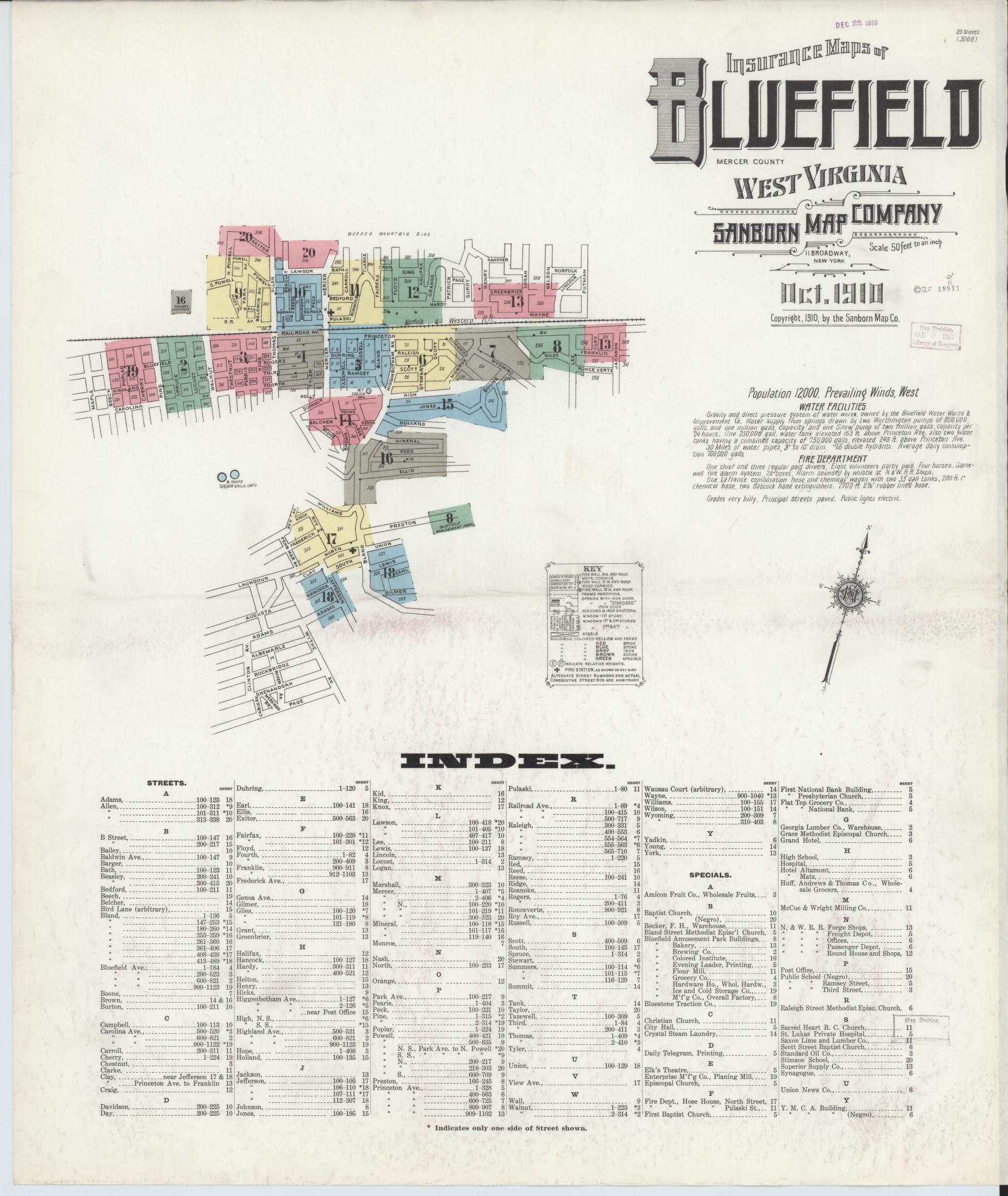 Sanborn Fire Insurance Map from Bluefield, Mercer County, West Virginia (1910), Sheet #0001 - Complete Map Set gallery image, historic Sanborn map, vintage wall art, West Virginia West Virginia