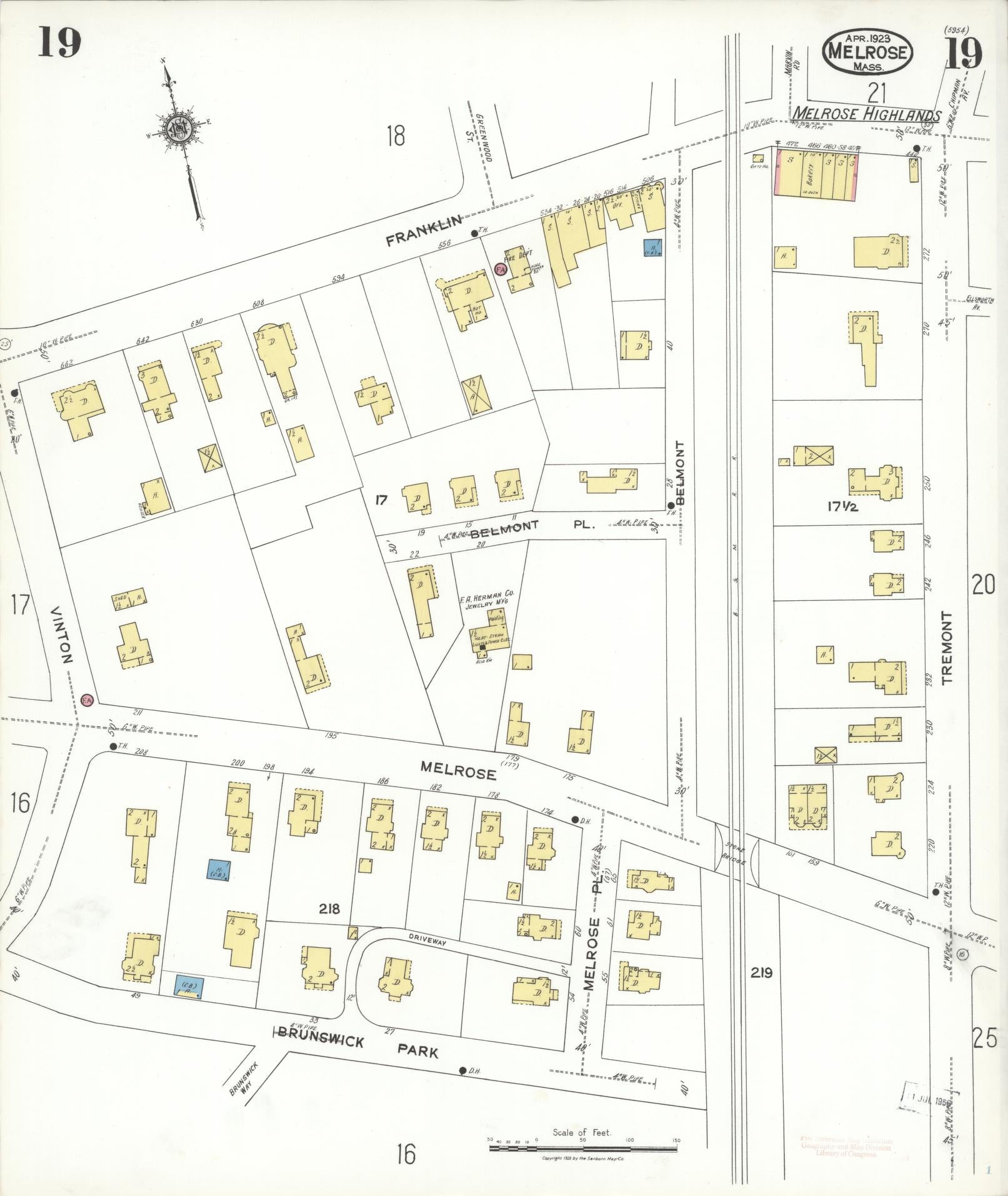 Sanborn Fire Insurance Map from Melrose, Middlesex County, Massachusetts (1923), Sheet #0019 - Complete Map Set gallery image, historic Sanborn map, vintage wall art, Massachusetts Massachusetts