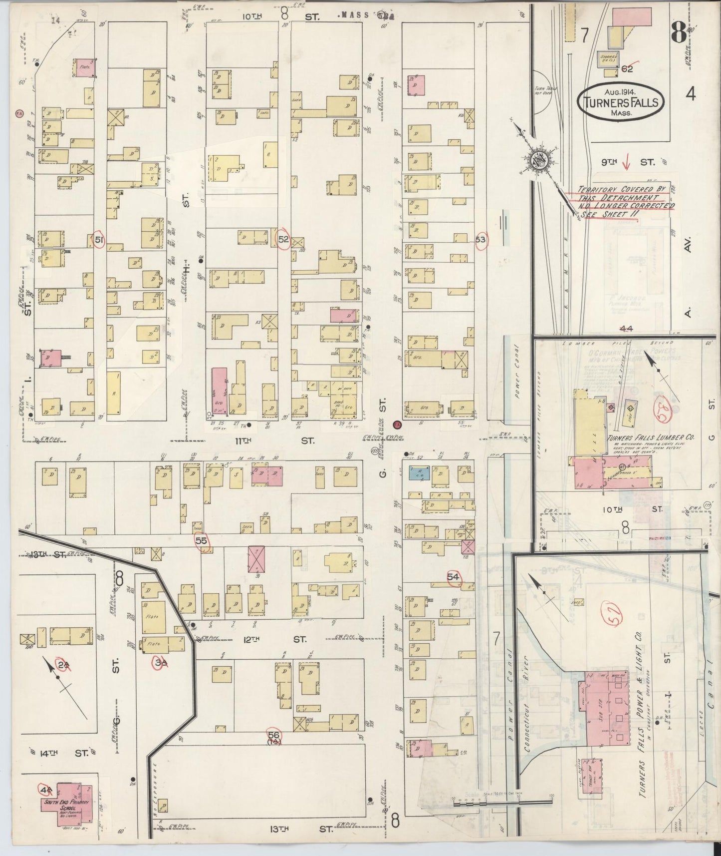Sanborn Fire Insurance Map from Turners Falls, Franklin County, Massachusetts (1940), Sheet #0008 - Historic Sanborn Fire Insurance Map Print, vintage old map wall art, antique decor, genealogy gift, Massachusetts Massachusetts map
