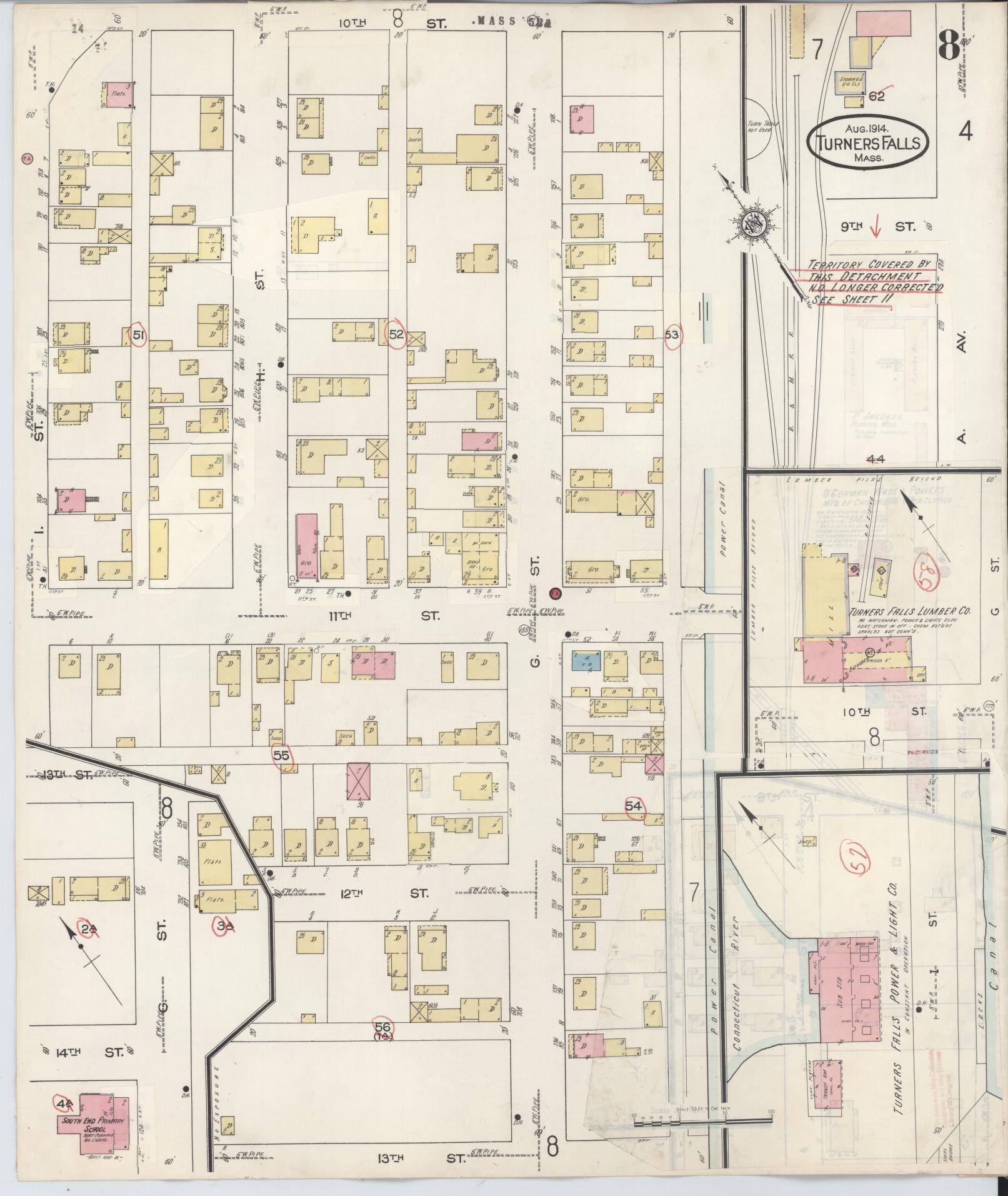 Sanborn Fire Insurance Map from Turners Falls, Franklin County, Massachusetts (1940), Sheet #0008 - Historic Sanborn Fire Insurance Map Print, vintage old map wall art, antique decor, genealogy gift, Massachusetts Massachusetts map