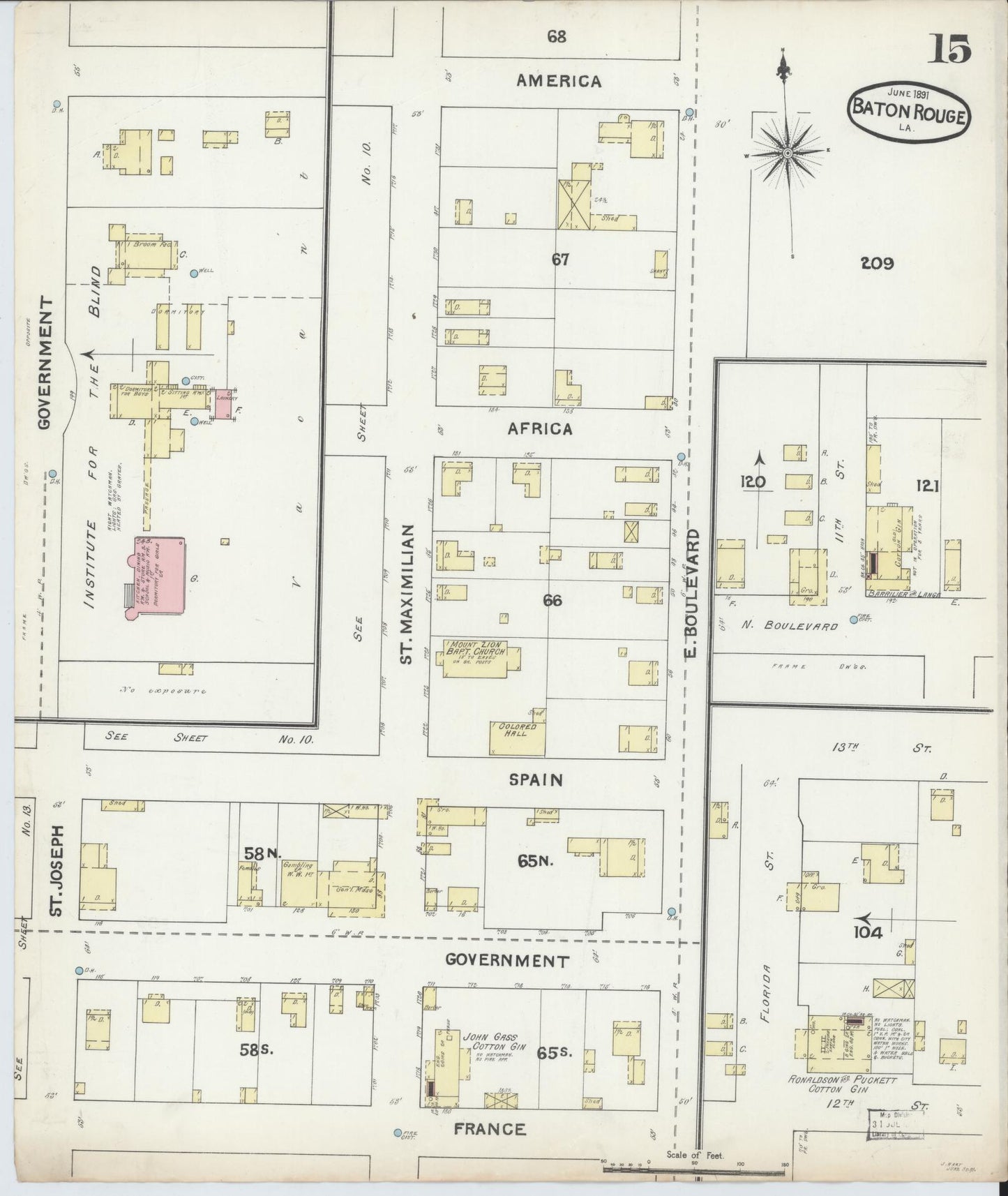 Sanborn Fire Insurance Map from Baton Rouge, East Baton Rouge Parish, Louisiana (1891), Sheet #0015 - Historic Sanborn Fire Insurance Map Print, vintage old map wall art, antique decor, genealogy gift, Louisiana Louisiana map
