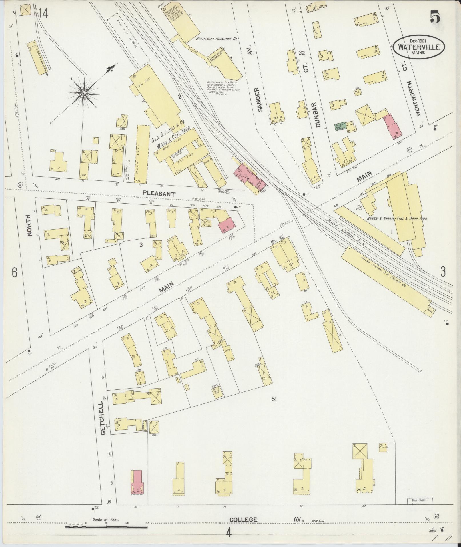 Sanborn Fire Insurance Map from Waterville, Kennebec County, Maine (1901), Sheet #0005 - Historic Sanborn Fire Insurance Map Print, vintage old map wall art, antique decor, genealogy gift, Maine Maine map