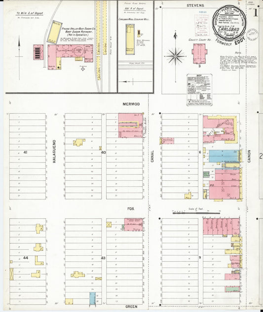 Sanborn Fire Insurance Map from Carlsbad, Eddy County, New Mexico (1900), Sheet #0001 - Historic Sanborn Fire Insurance Map Print, vintage old map wall art, antique decor, genealogy gift, New Mexico New Mexico map