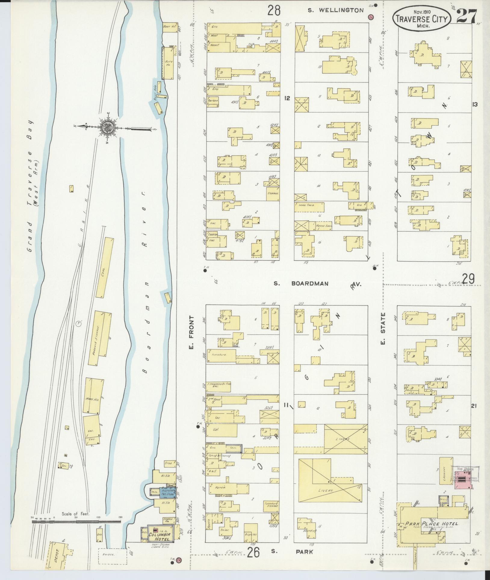 Sanborn Fire Insurance Map from Traverse City, Grand Traverse County, Michigan (1910), Sheet #0027 - Complete Map Set gallery image, historic Sanborn map, vintage wall art, Michigan Michigan