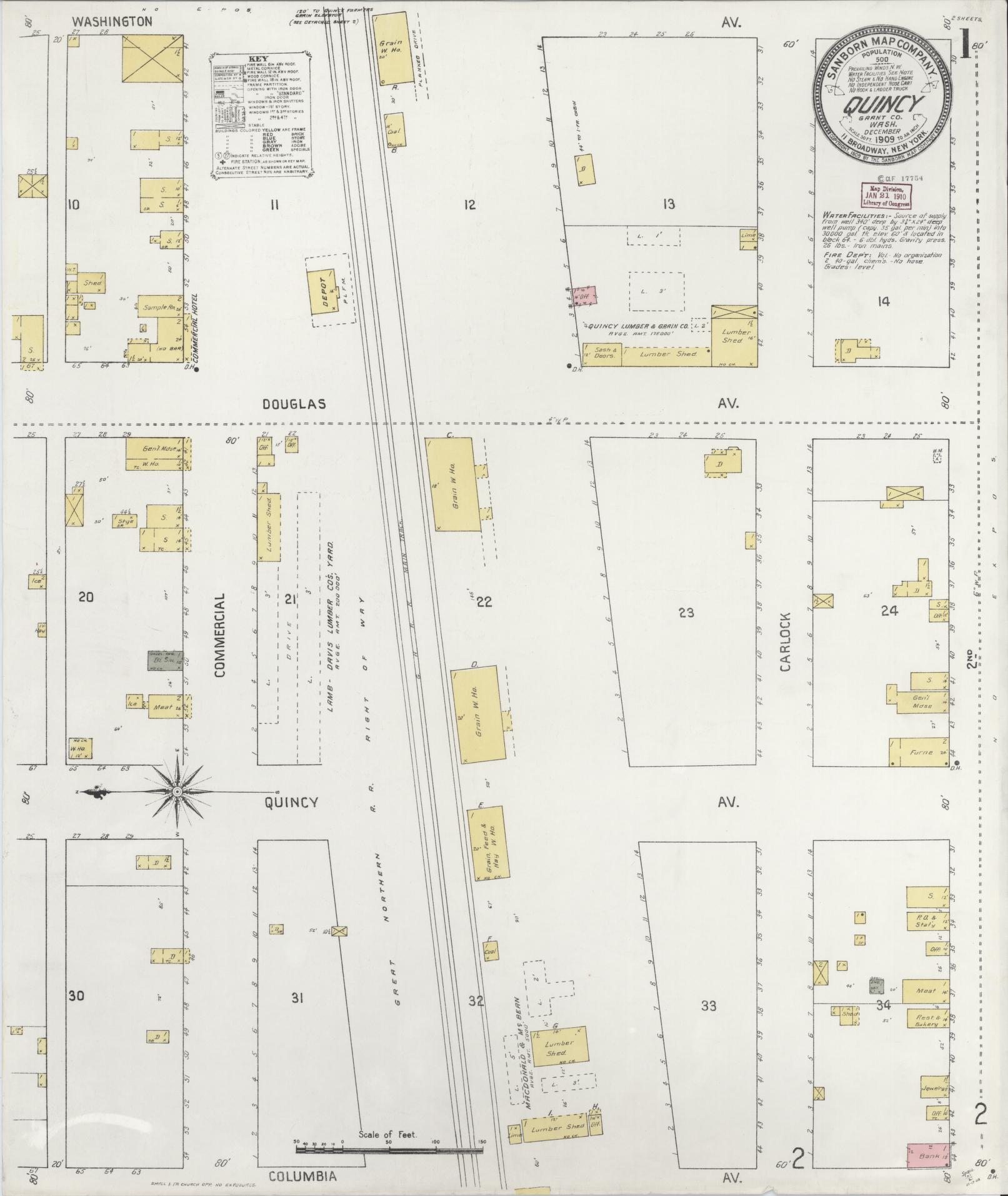 Sanborn Fire Insurance Map from Quincy, Grant County, Washington (1909), Sheet #0001 - Complete Map Set gallery image, historic Sanborn map, vintage wall art, Washington Washington