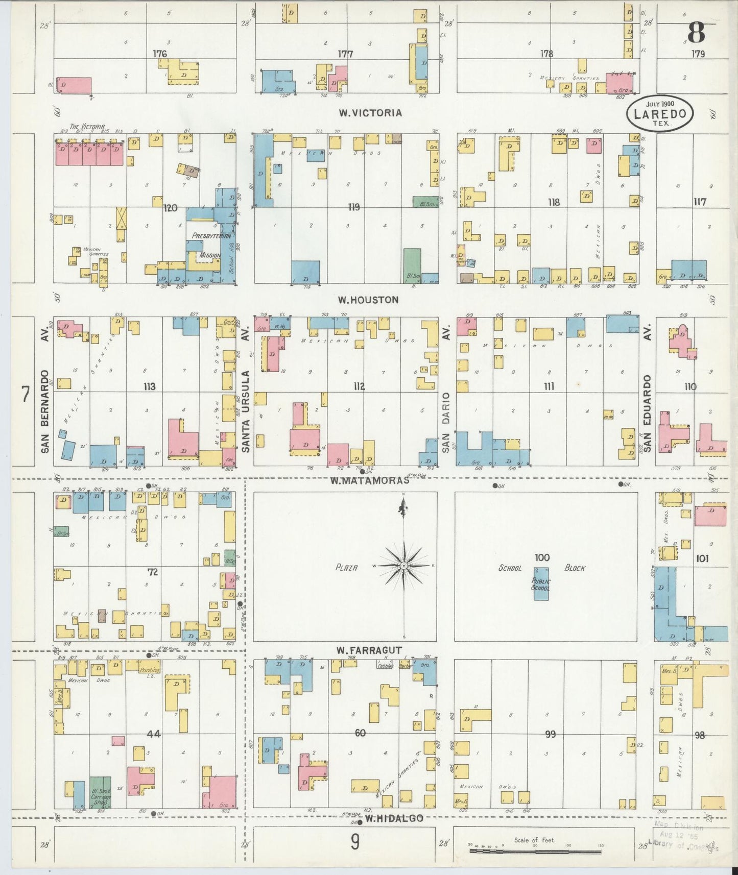Sanborn Fire Insurance Map from Laredo, Webb County, Texas (1900), Sheet #0008 - Historic Sanborn Fire Insurance Map Print, vintage old map wall art, antique decor, genealogy gift, Texas Texas map