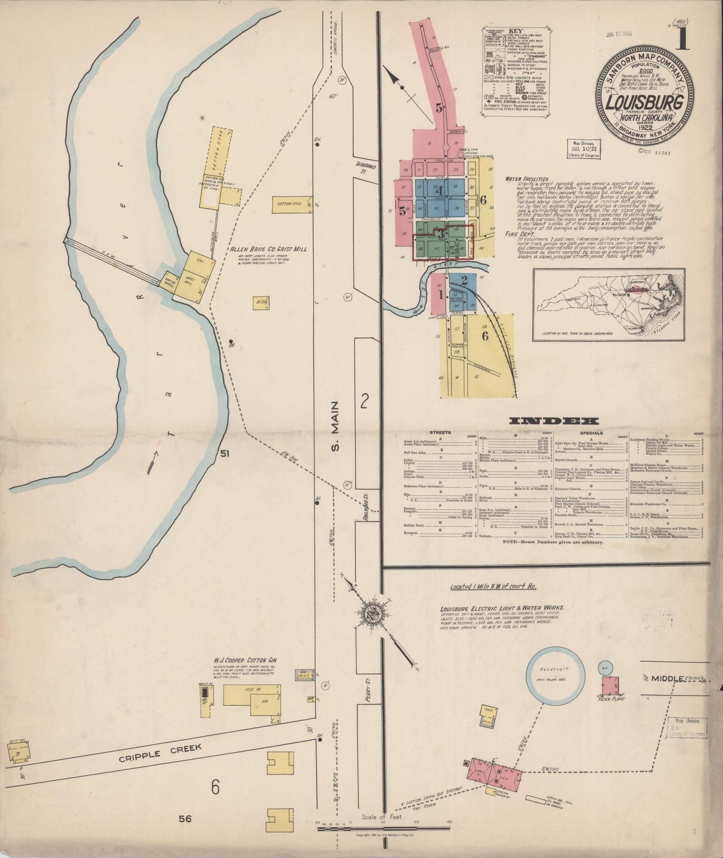 Sanborn Fire Insurance Map from Louisburg, Franklin County, North Carolina (1922), Sheet #0001 - Complete Map Set gallery image, historic Sanborn map, vintage wall art, North Carolina North Carolina