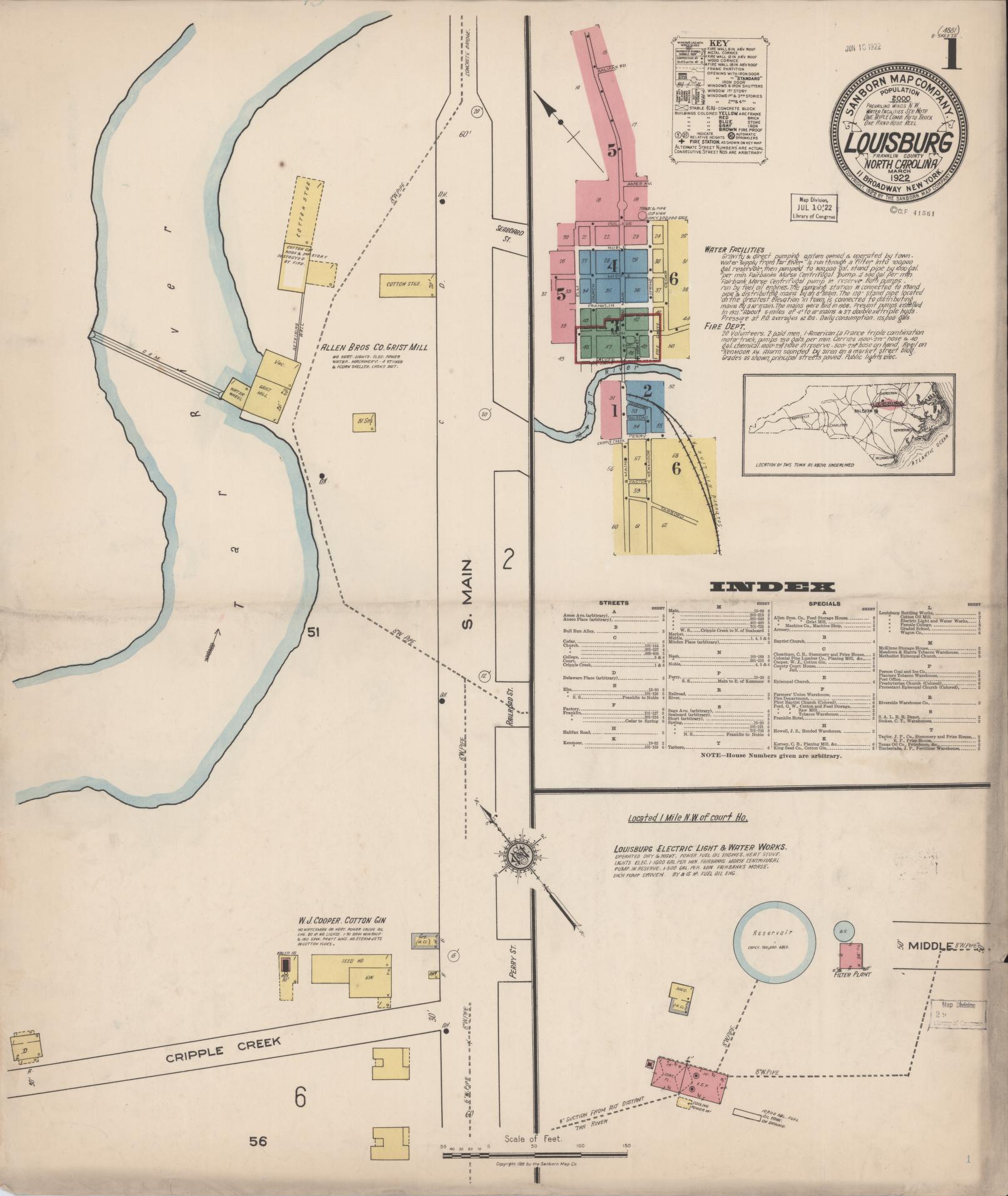 Sanborn Fire Insurance Map from Louisburg, Franklin County, North Carolina (1922), Sheet #0001 - Complete Map Set gallery image, historic Sanborn map, vintage wall art, North Carolina North Carolina