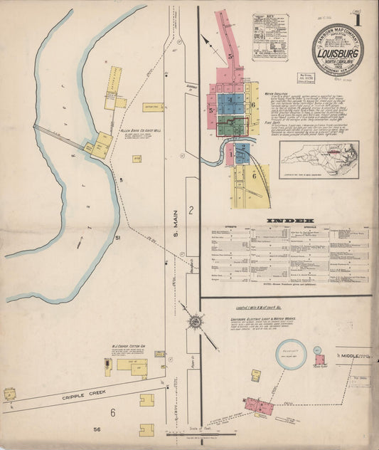 Sanborn Fire Insurance Map from Louisburg, Franklin County, North Carolina (1922), Sheet #0001 - Complete Map Set gallery image, historic Sanborn map, vintage wall art, North Carolina North Carolina