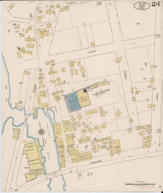 Sanborn Fire Insurance Map from Hilo, Hawaii County, Hawaii (1921), Sheet #0024 - Historic Sanborn Fire Insurance Map Print, vintage old map wall art