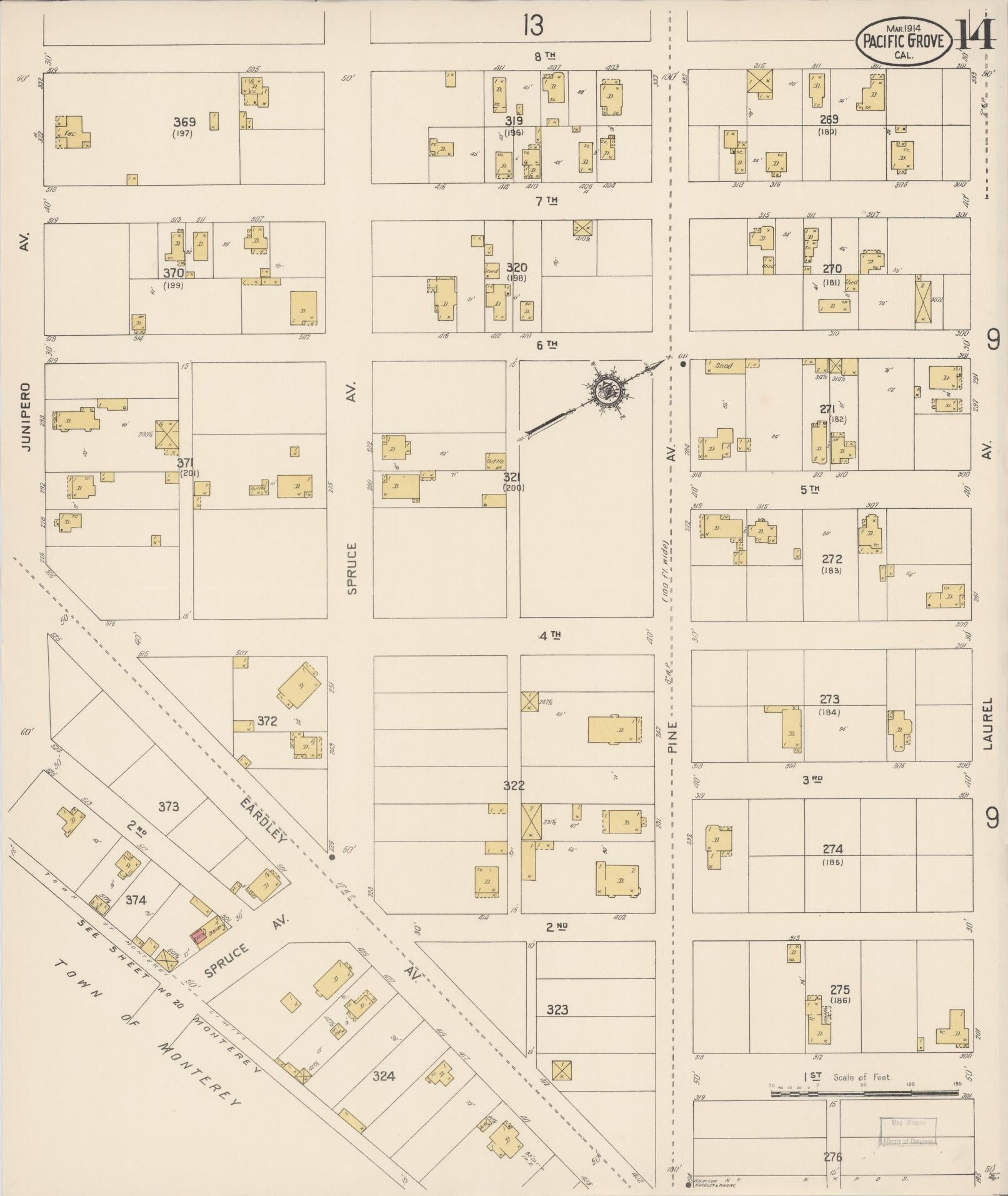 Sanborn Fire Insurance Map from Pacific Grove, Monterey County, California (1914), Sheet #0014 - Complete Map Set gallery image, historic Sanborn map, vintage wall art, California California