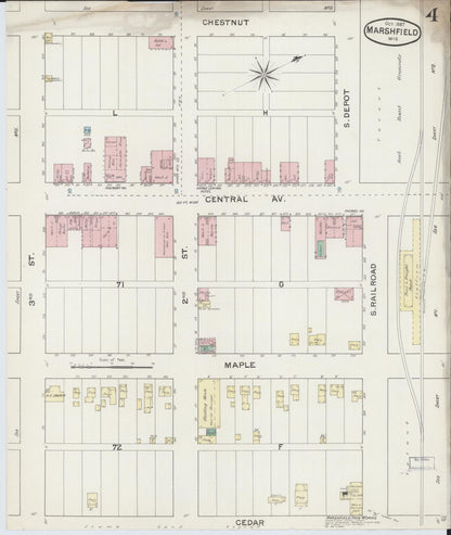 Sanborn Fire Insurance Map from Marshfield, Wood County, Wisconsin (1887), Sheet #0004 - Historic Sanborn Fire Insurance Map Print, vintage old map wall art, antique decor, genealogy gift, Wisconsin Wisconsin map