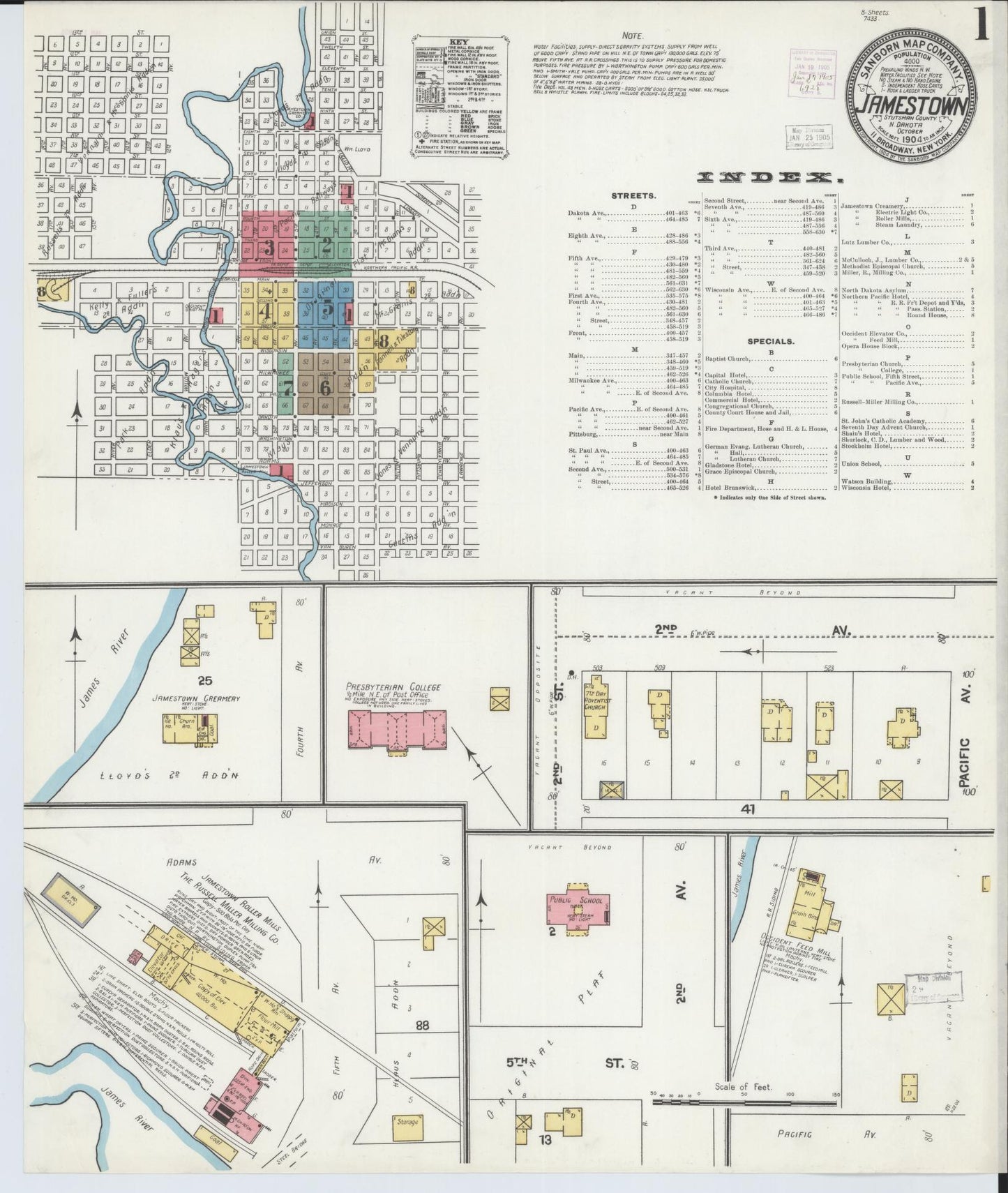Sanborn Fire Insurance Map from Jamestown, Stutsman County, North Dakota (1904), Sheet #0001 - Historic Sanborn Fire Insurance Map Print, vintage old map wall art, antique decor, genealogy gift, North Dakota North Dakota map