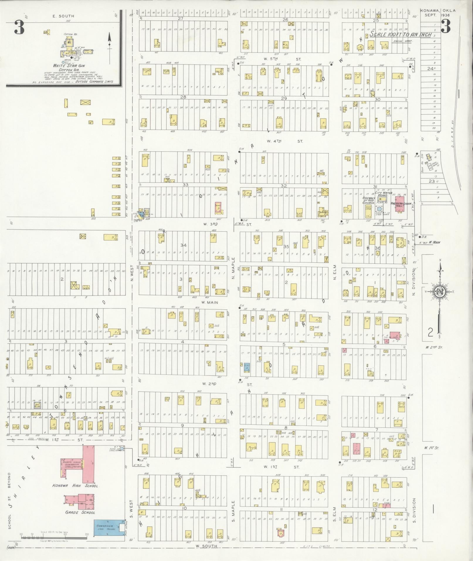Sanborn Fire Insurance Map from Konawa, Seminode County, Oklahoma (1936), Sheet #0003 - Complete Map Set gallery image, historic Sanborn map, vintage wall art, Oklahoma Oklahoma