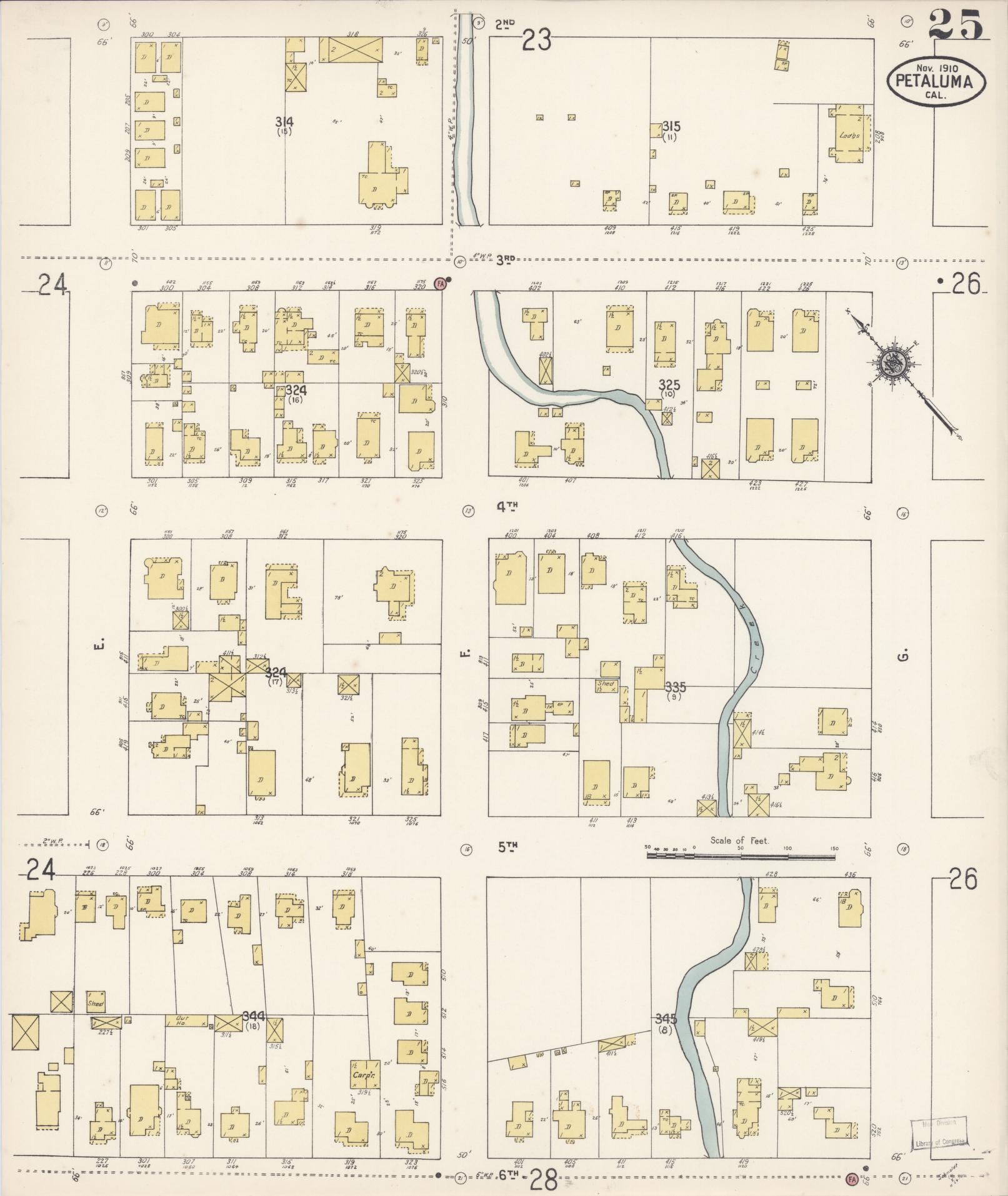 Sanborn Fire Insurance Map from Petaluma, Sonoma County, California (1910), Sheet #0025 - Complete Map Set gallery image, historic Sanborn map, vintage wall art, California California