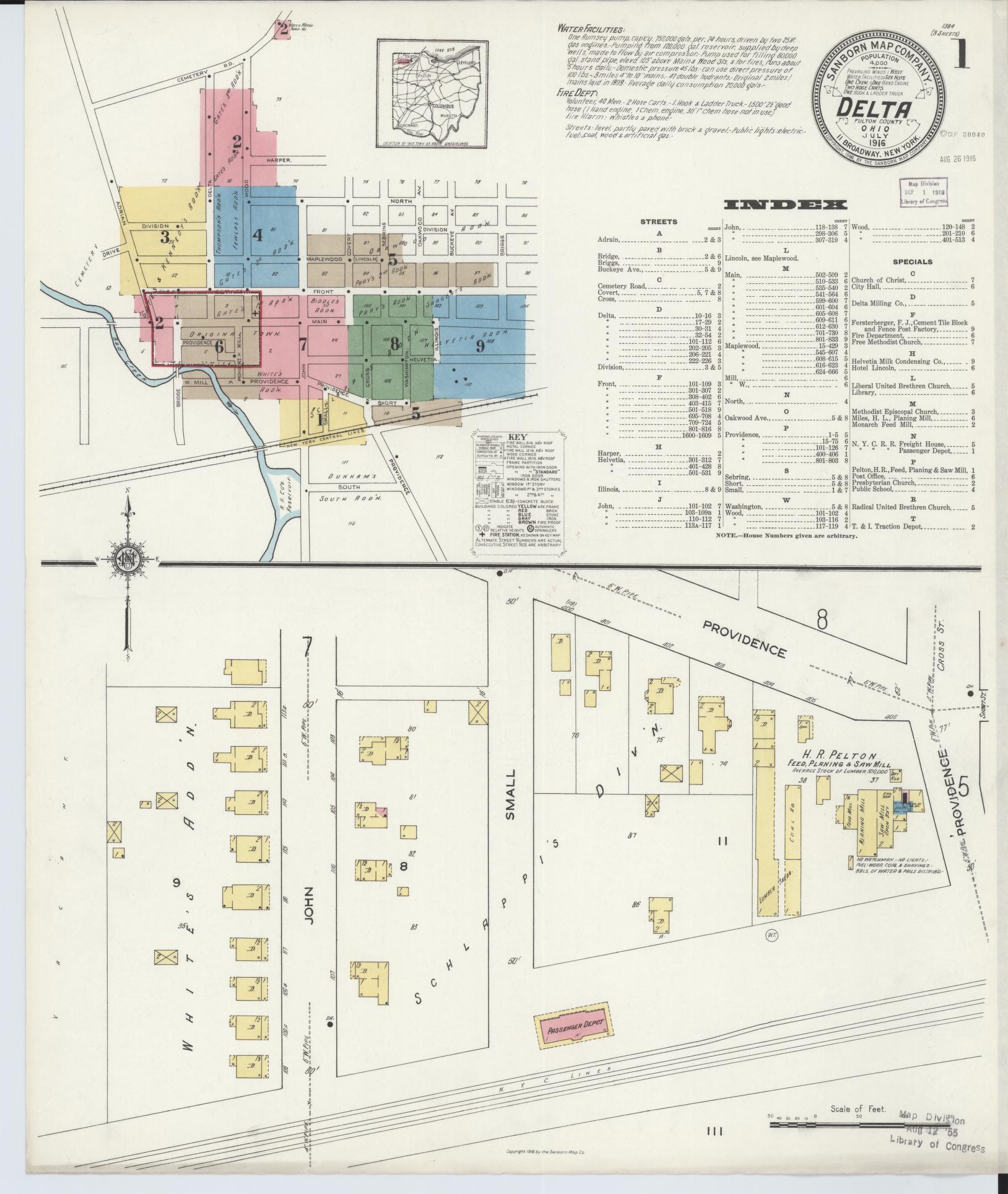 Sanborn Fire Insurance Map from Delta, Fulton County, Ohio (1916), Sheet #0001 - Historic Sanborn Fire Insurance Map Print, vintage old map wall art, antique decor, genealogy gift, Ohio Ohio map