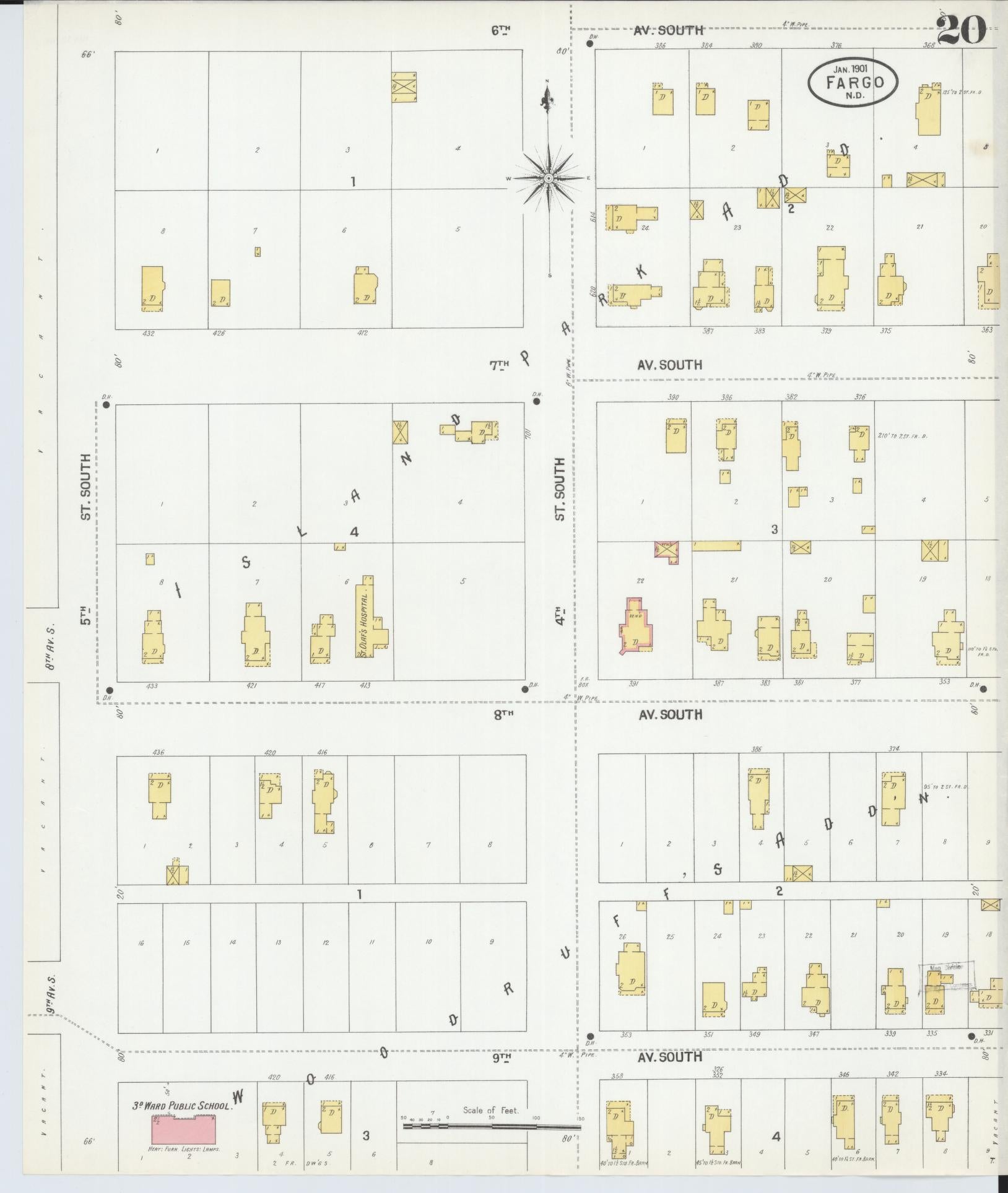 Sanborn Fire Insurance Map from Fargo, Cass County, North Dakota (1901), Sheet #0020 - Complete Map Set gallery image, historic Sanborn map, vintage wall art, North Dakota North Dakota