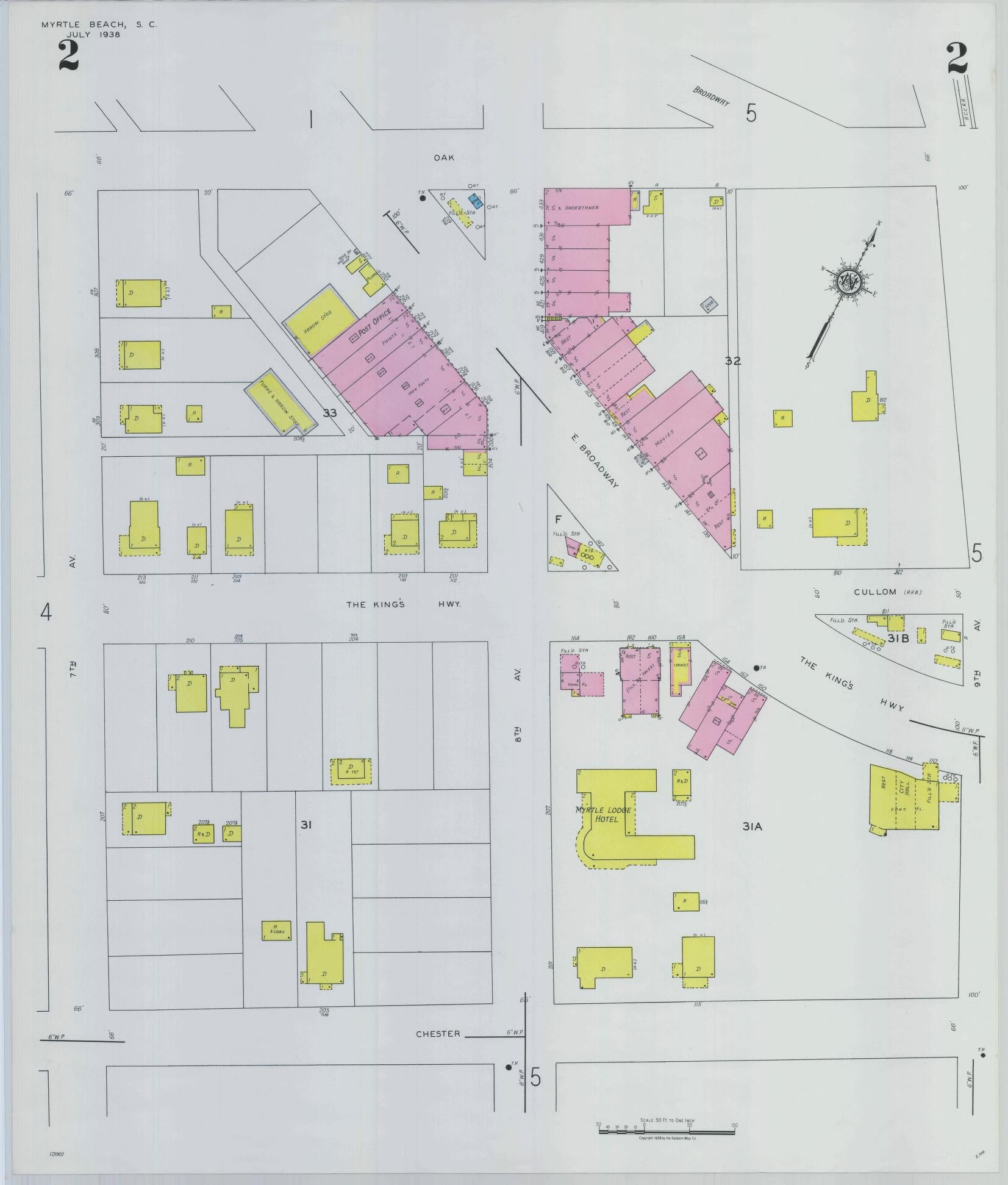 Sanborn Fire Insurance Map from Myrtle Beach, Horry County, South Carolina (1938), Sheet #0002 - Historic Sanborn Fire Insurance Map Print, vintage old map wall art, antique decor, genealogy gift, South Carolina South Carolina map
