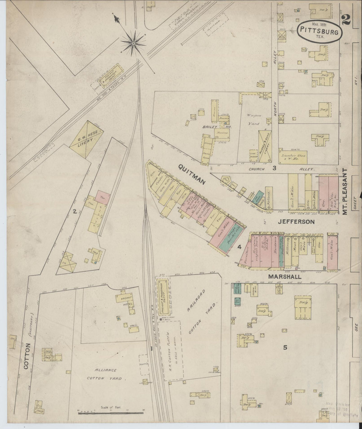 Sanborn Fire Insurance Map from Pittsburg, Camp County, Texas (1891), Sheet #0002 - Complete Map Set gallery image, historic Sanborn map, vintage wall art, Texas Texas