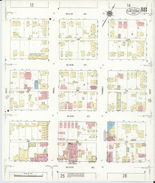 Sanborn Fire Insurance Map from Cheyenne, Laramie County, Wyoming (1912), Sheet #0018 - Historic Sanborn Fire Insurance Map Print, vintage old map wall art, antique decor, genealogy gift, Wyoming Wyoming map