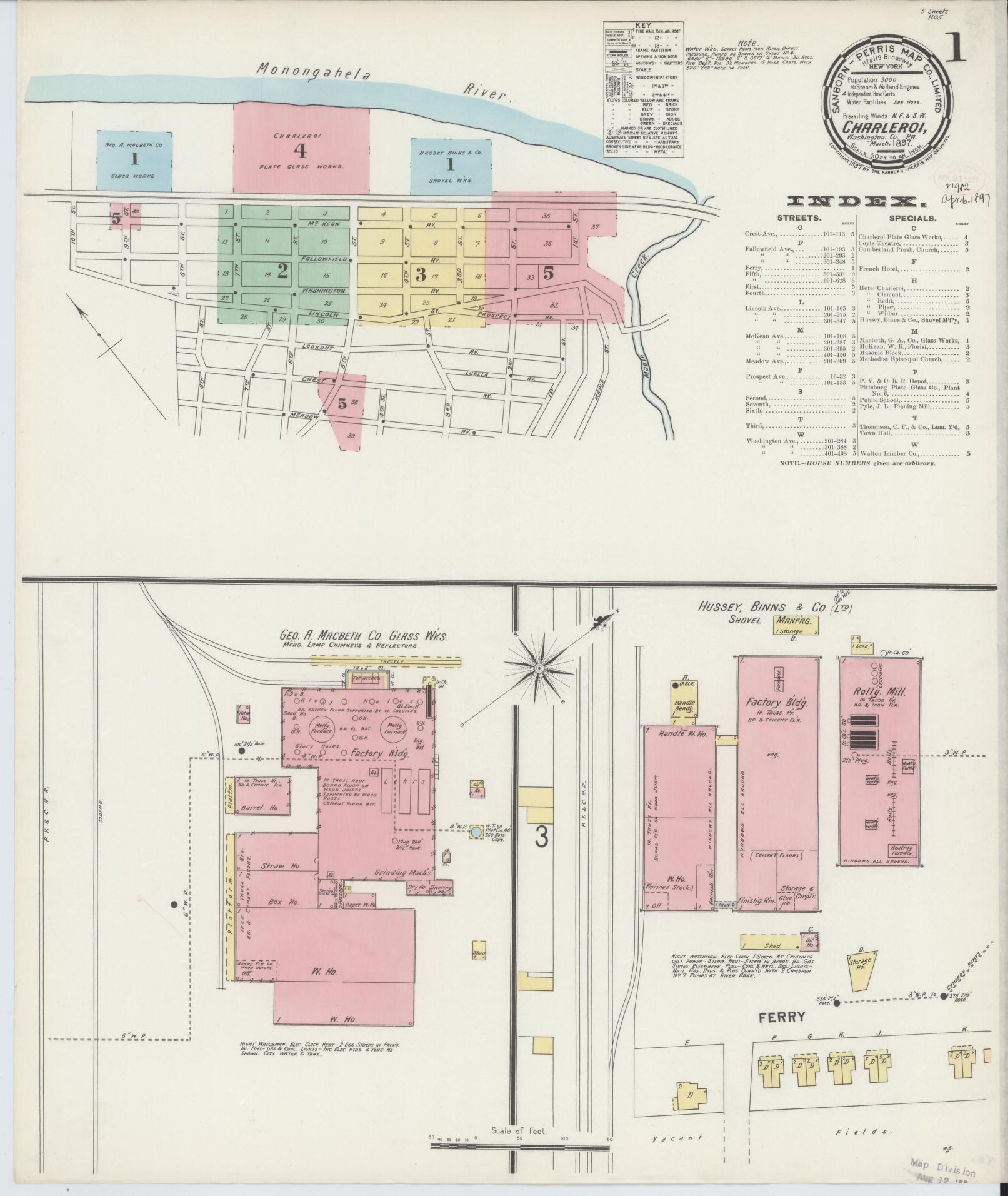 Sanborn Fire Insurance Map from Charleroi, Washington County, Pennsylvania (1897), Sheet #0001 - Historic Sanborn Fire Insurance Map Print, vintage old map wall art, antique decor, genealogy gift, Pennsylvania Pennsylvania map